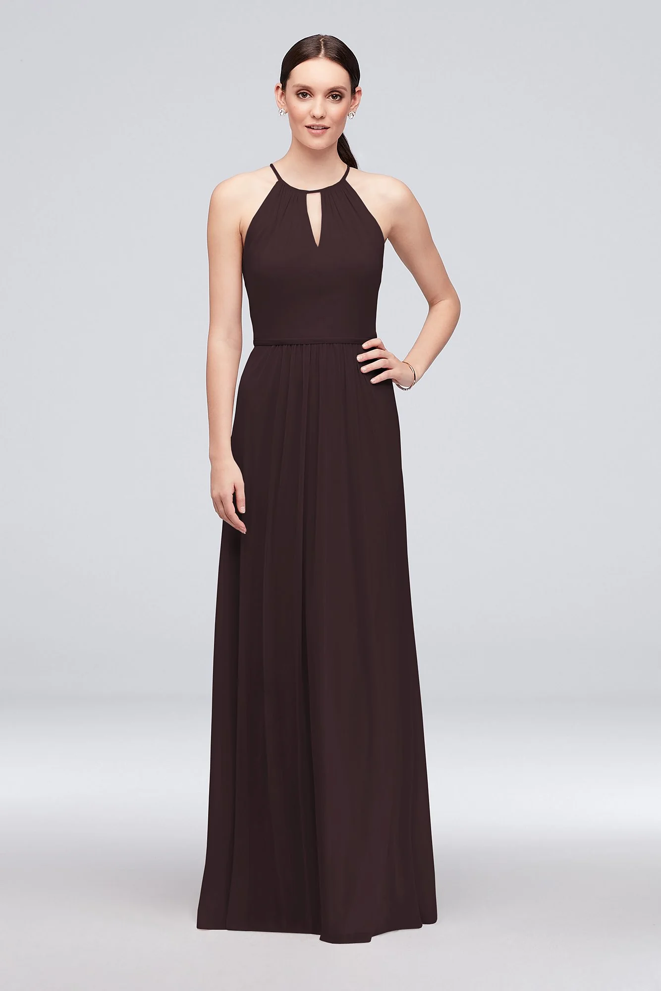 High-Neck Long Mesh Bridesmaid Dress with Keyhole - Image 96