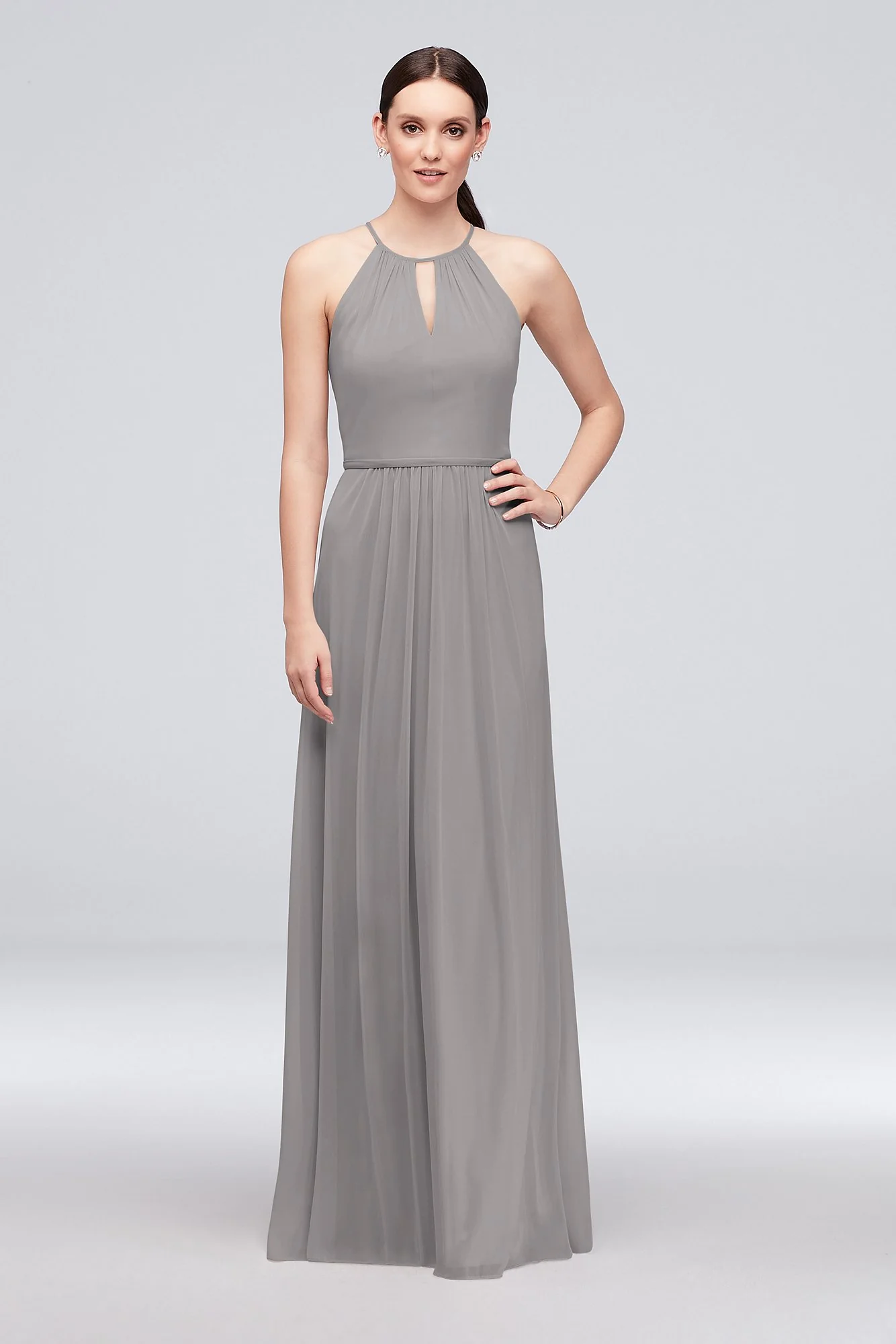 High-Neck Long Mesh Bridesmaid Dress with Keyhole - Image 97