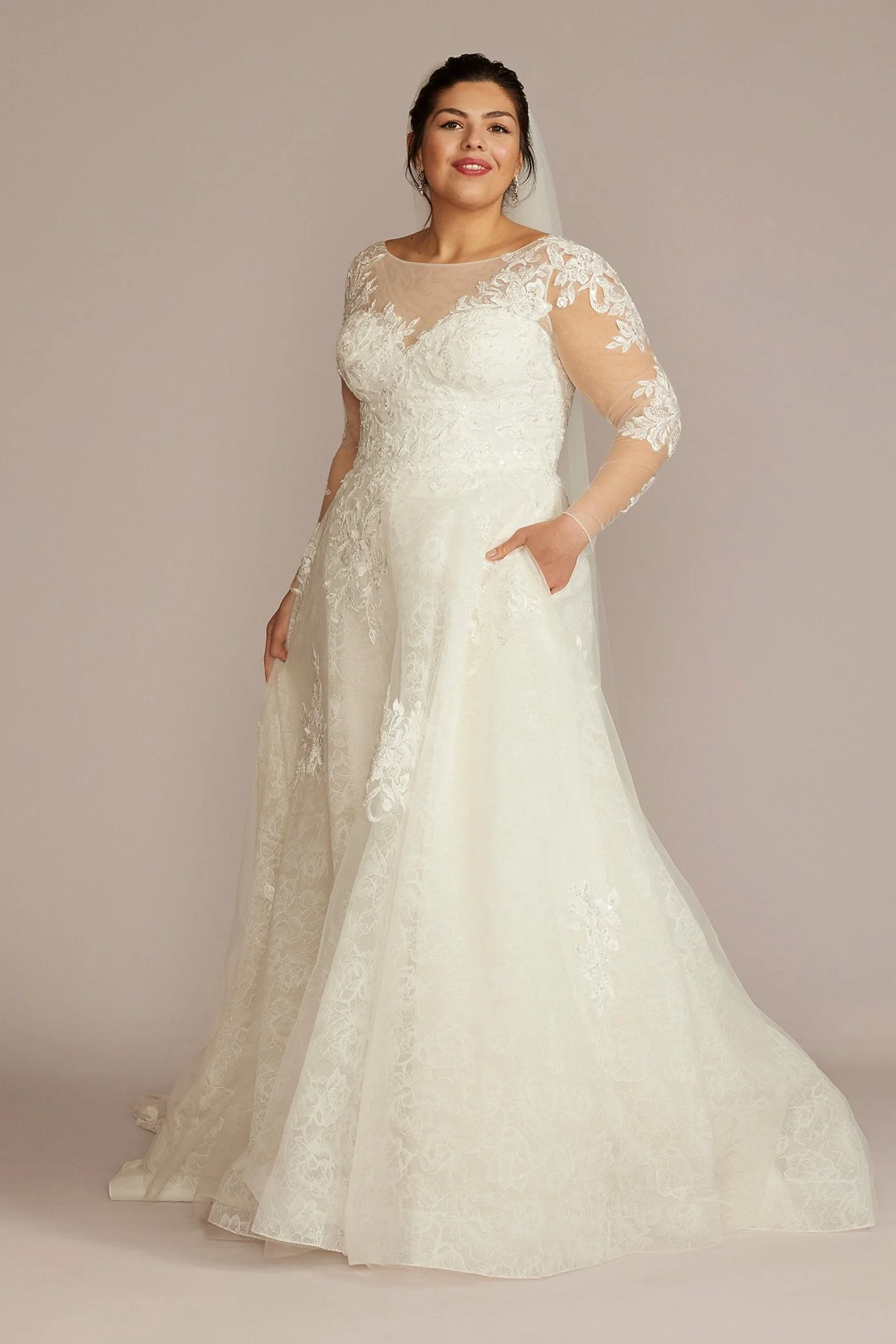 High Neck Long Sleeve Illusion Wedding Dress - Image 43