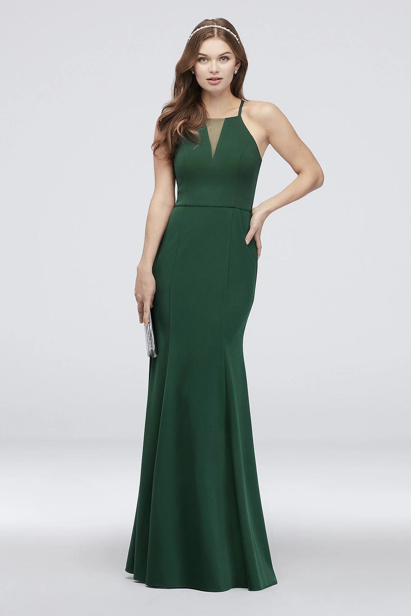 High-Neck Mesh Inset Scuba Crepe Mermaid Dress - Image 3