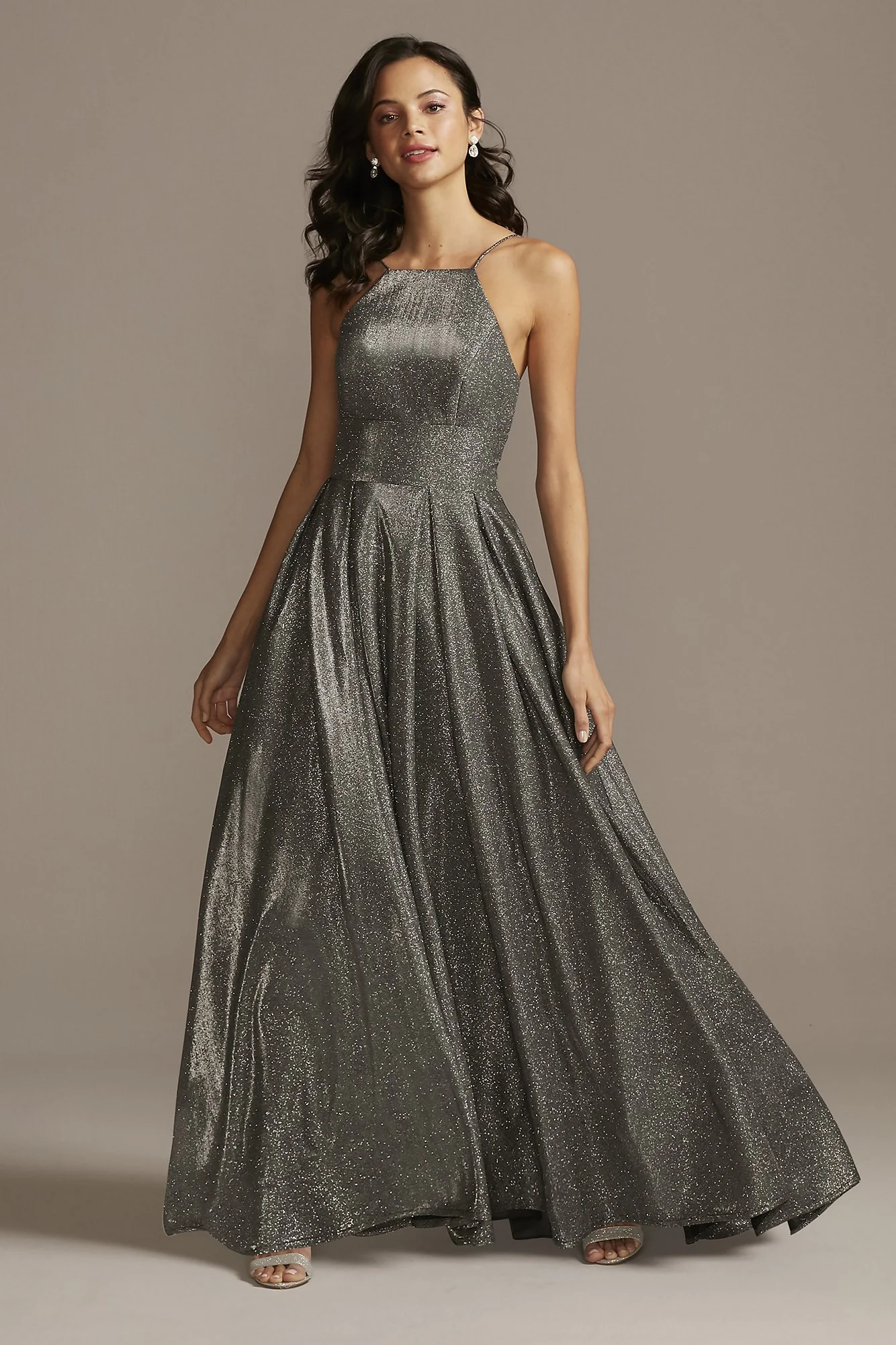 High Neck Metallic Ball Gown with High Low Hem
