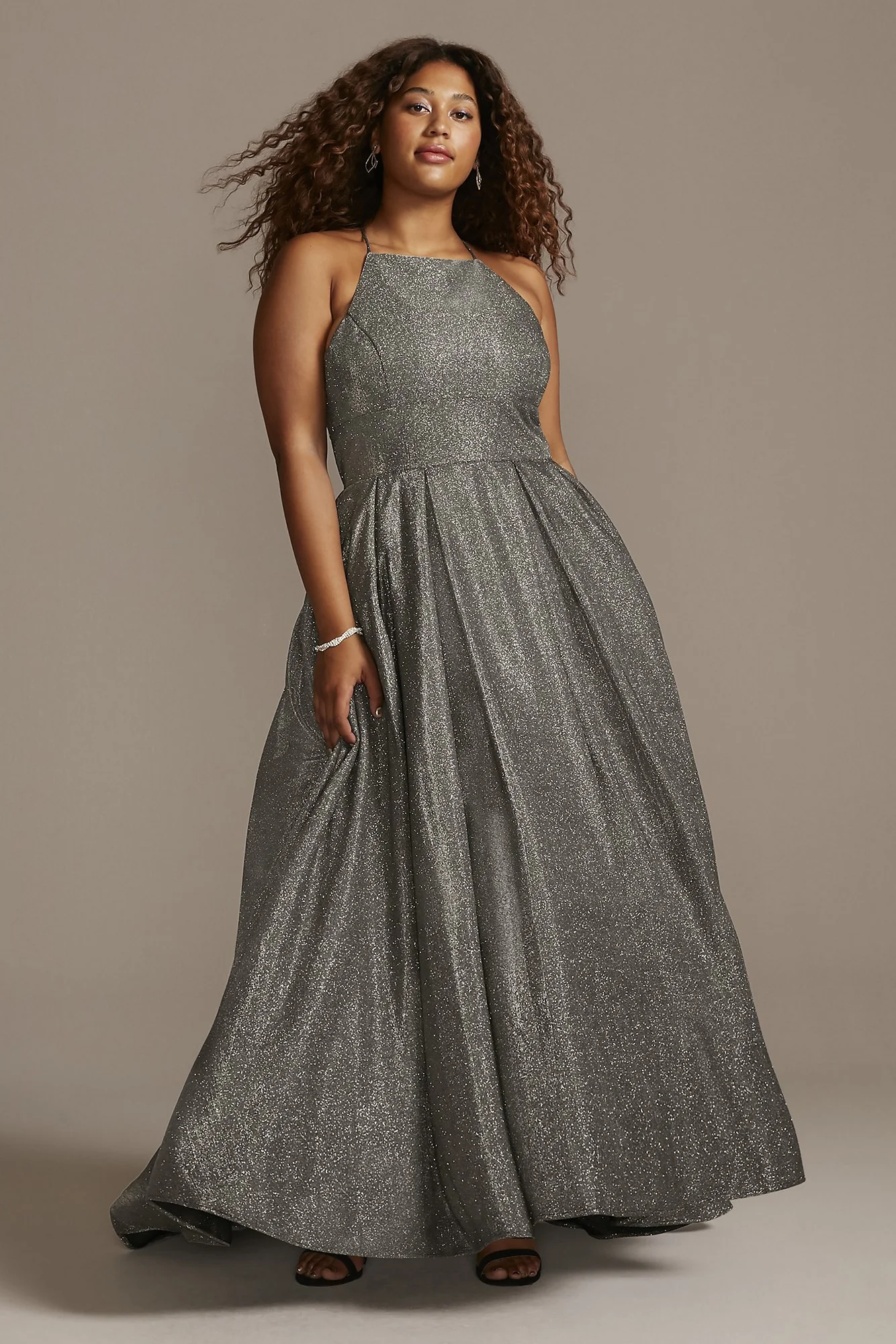 High Neck Metallic Ball Gown with High Low Hem - Image 3