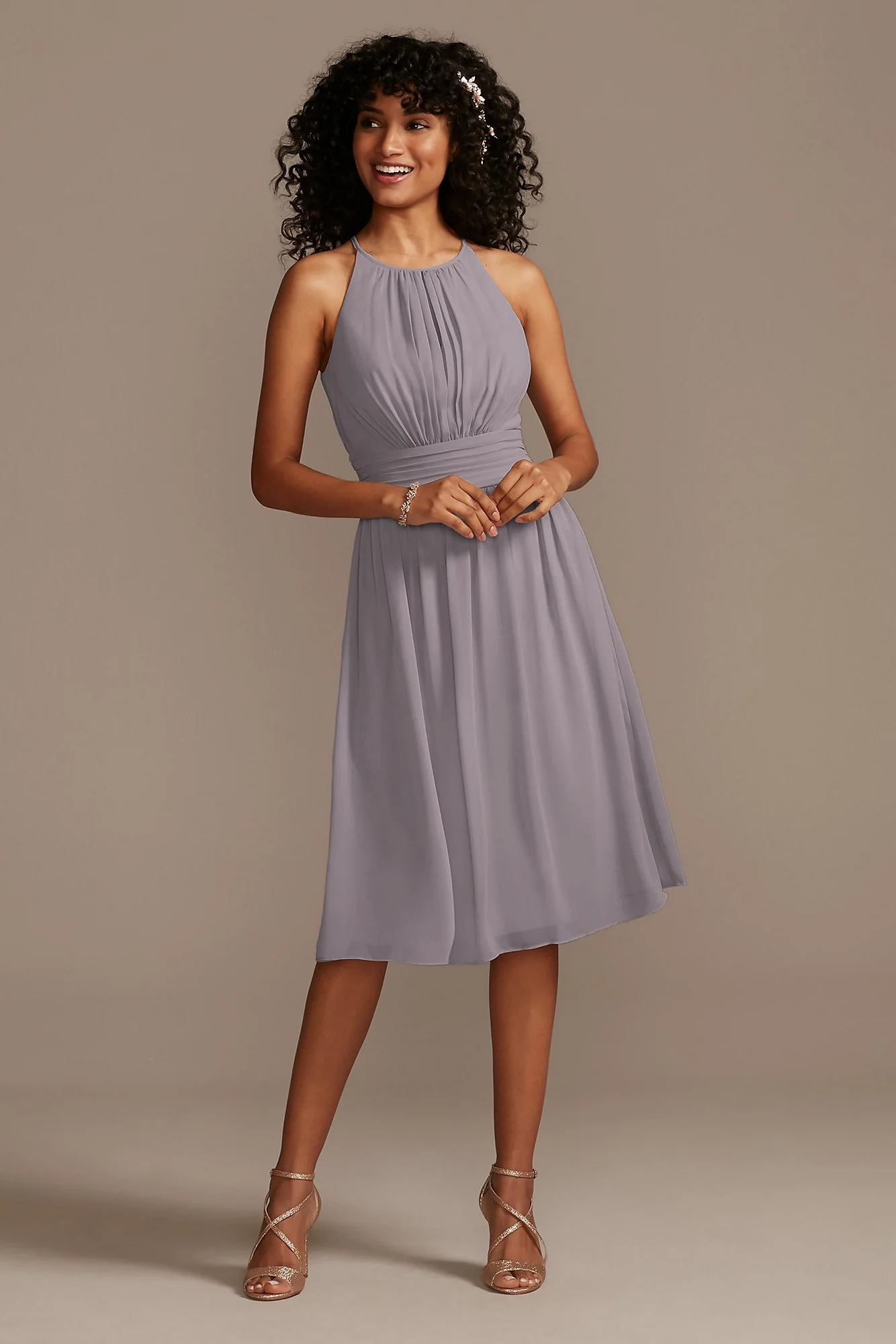 High Neck Pleated Short Length Bridesmaid Dress - Image 10