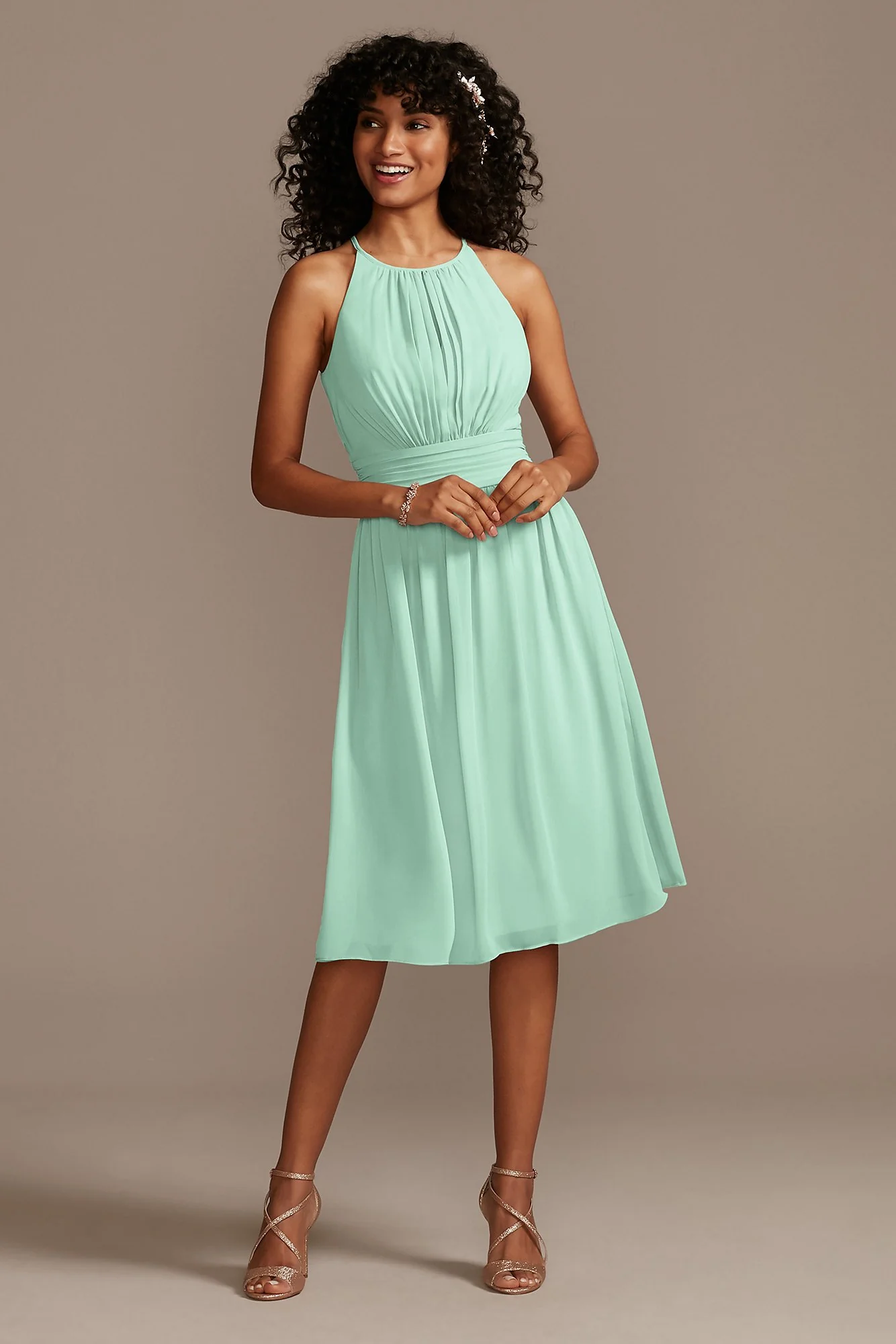High Neck Pleated Short Length Bridesmaid Dress - Image 11
