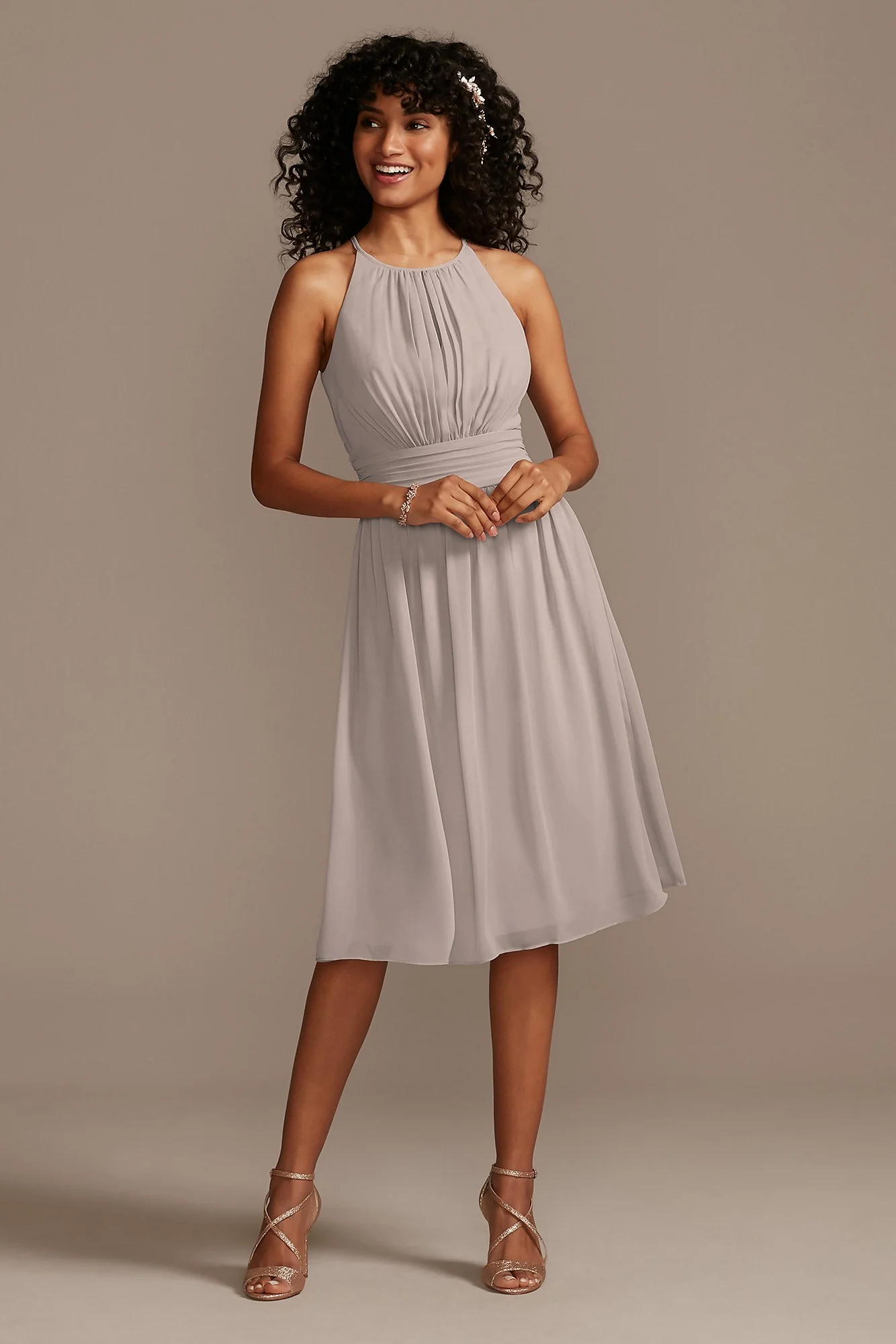 High Neck Pleated Short Length Bridesmaid Dress - Image 12