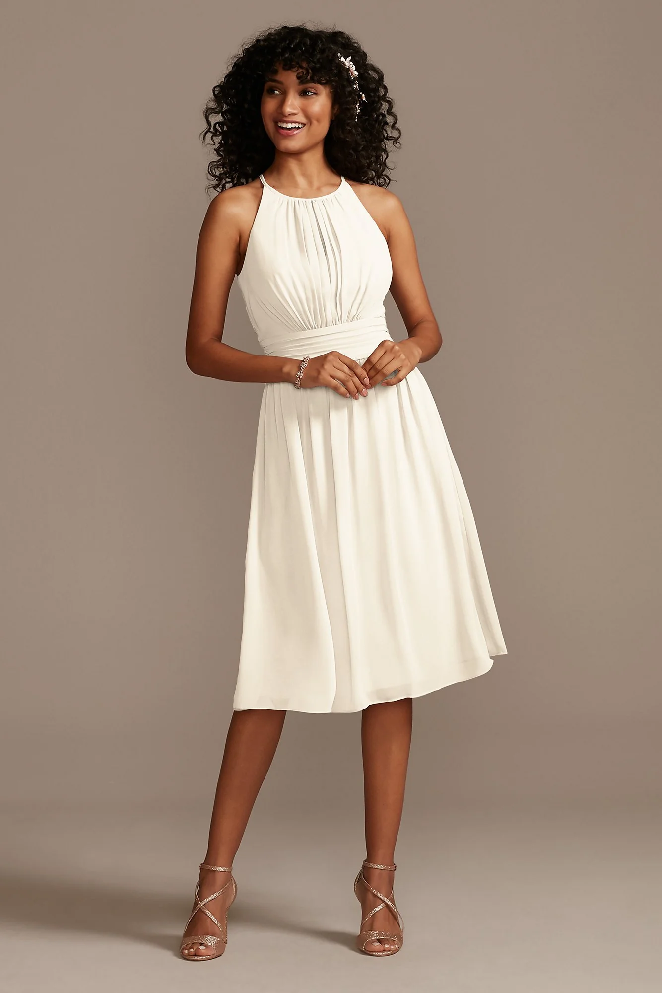 High Neck Pleated Short Length Bridesmaid Dress - Image 15