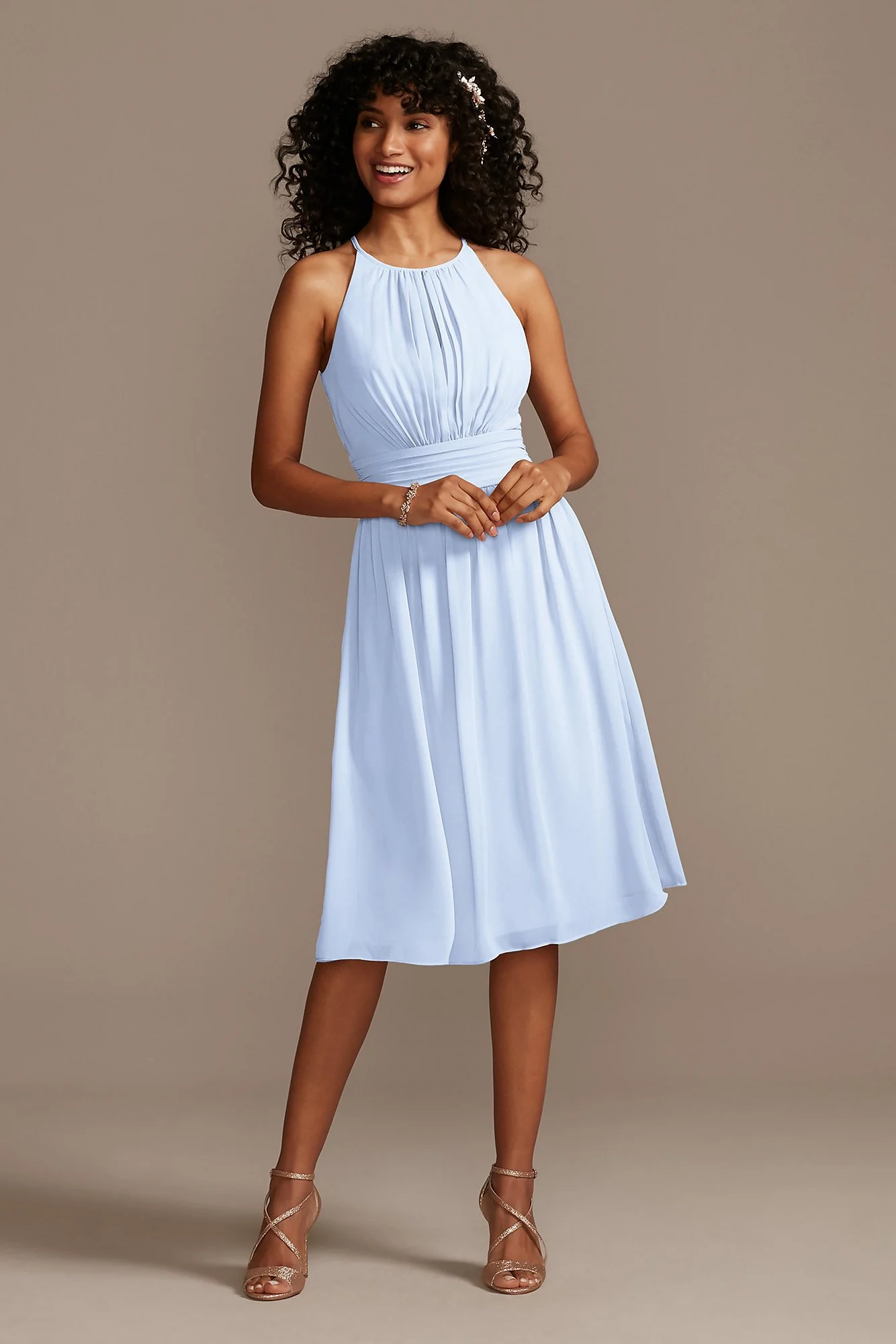 High Neck Pleated Short Length Bridesmaid Dress - Image 17