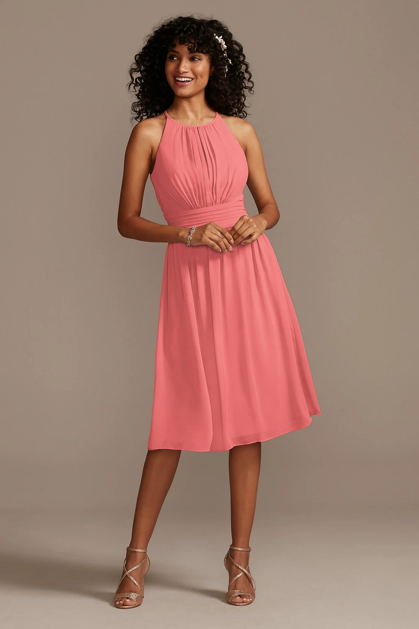 High Neck Pleated Short Length Bridesmaid Dress - Image 21