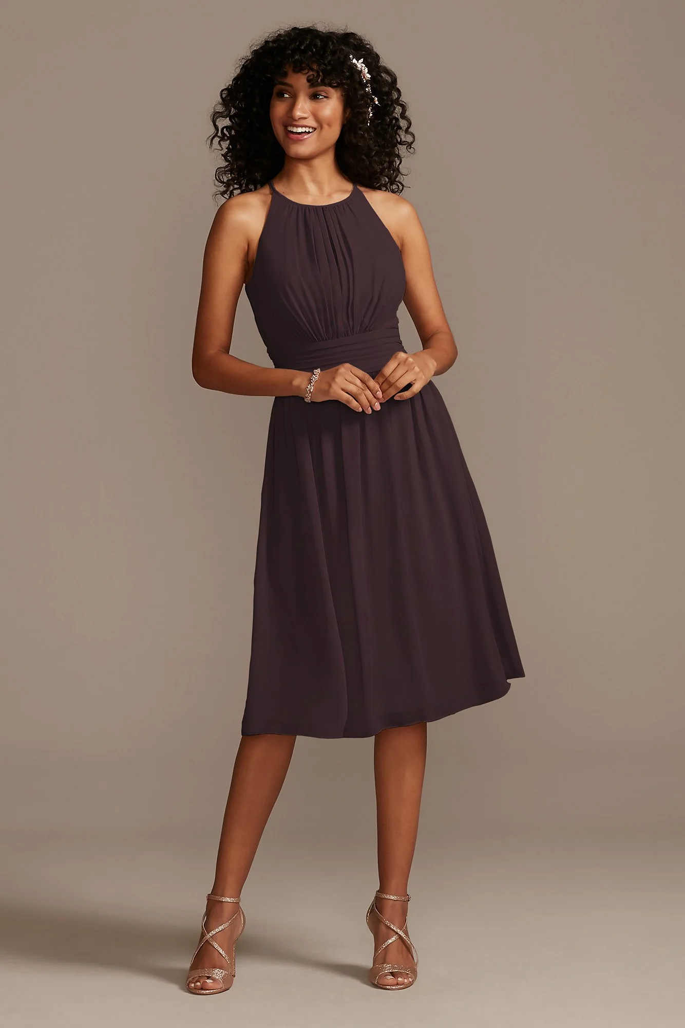 High Neck Pleated Short Length Bridesmaid Dress - Image 28