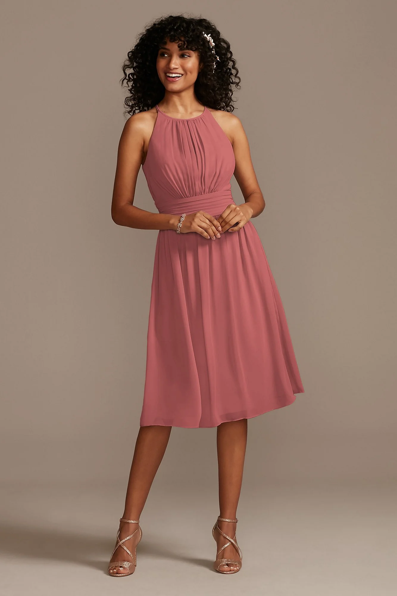 High Neck Pleated Short Length Bridesmaid Dress - Image 3