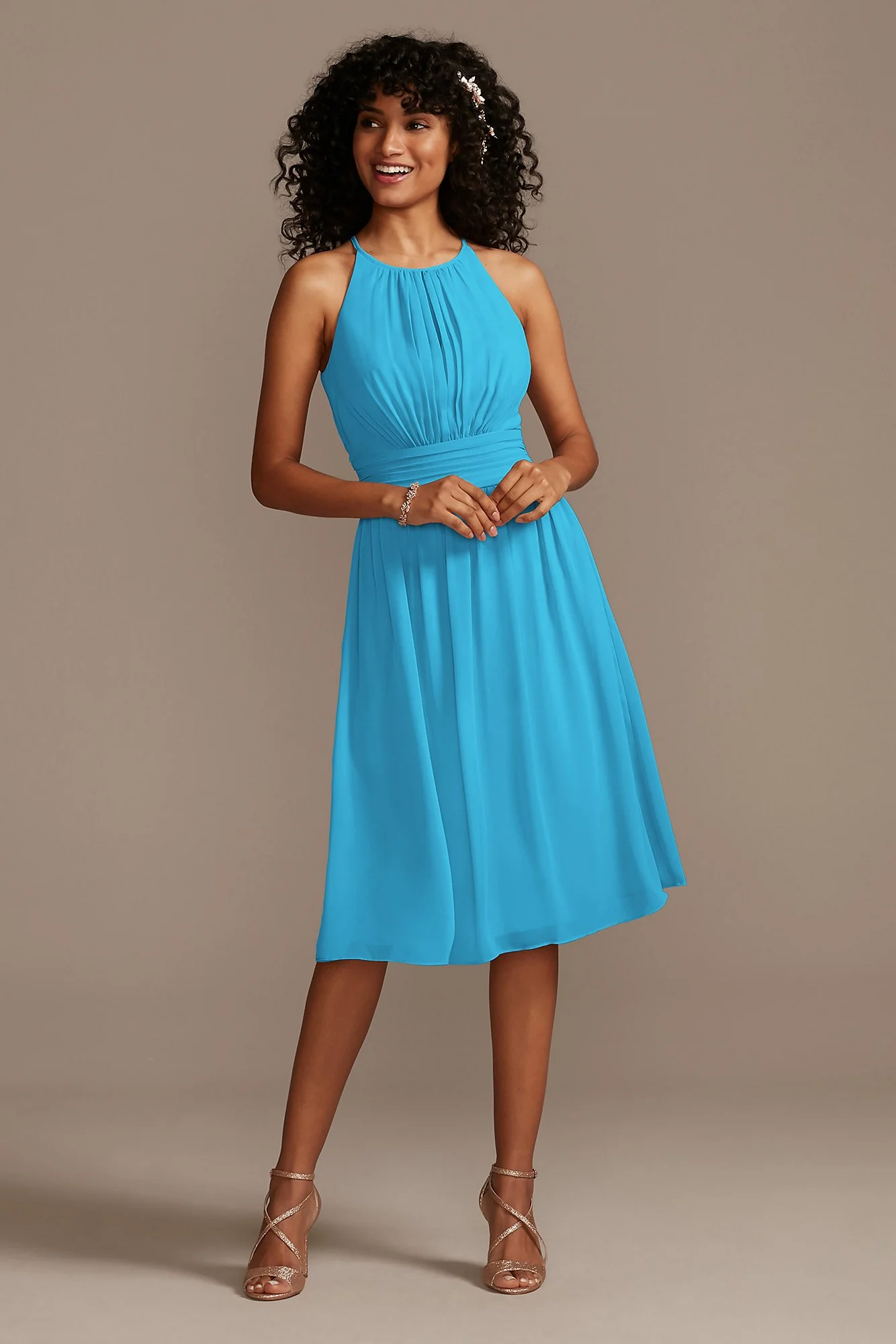 High Neck Pleated Short Length Bridesmaid Dress - Image 31