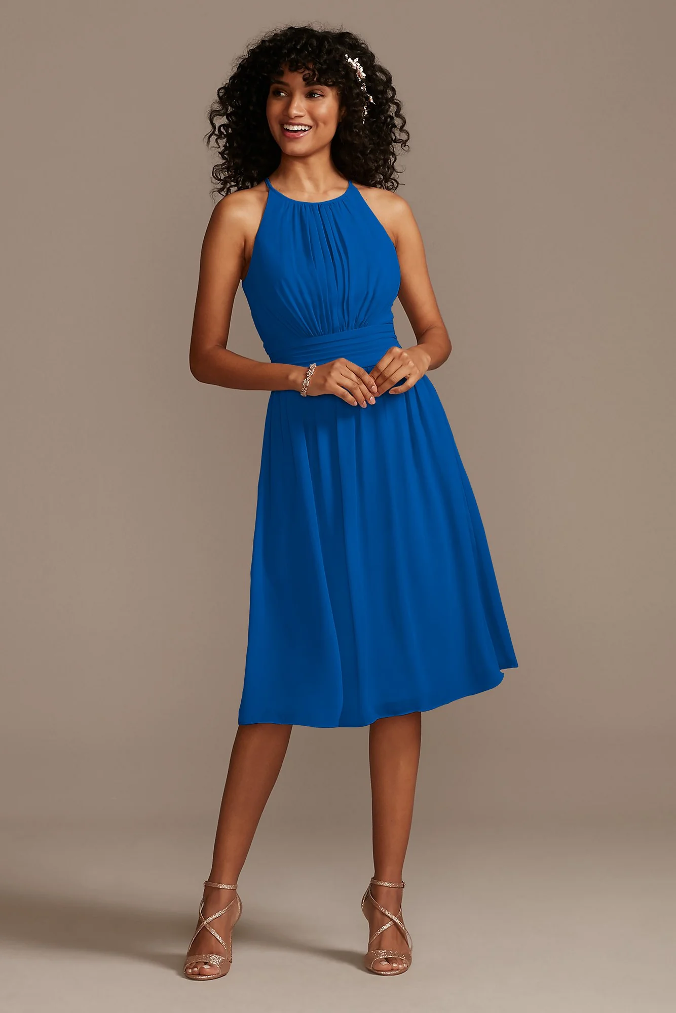 High Neck Pleated Short Length Bridesmaid Dress - Image 34