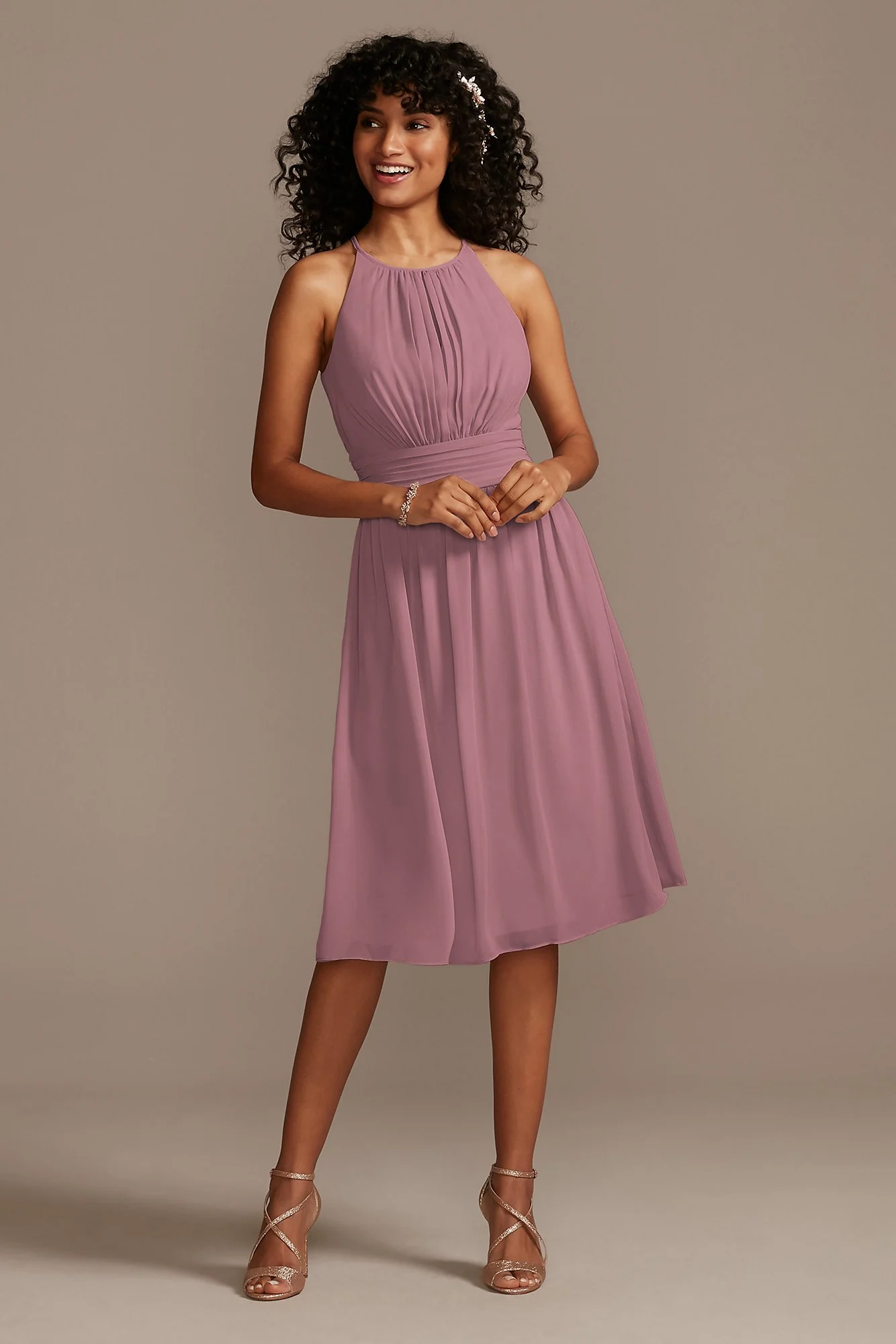 High Neck Pleated Short Length Bridesmaid Dress - Image 40