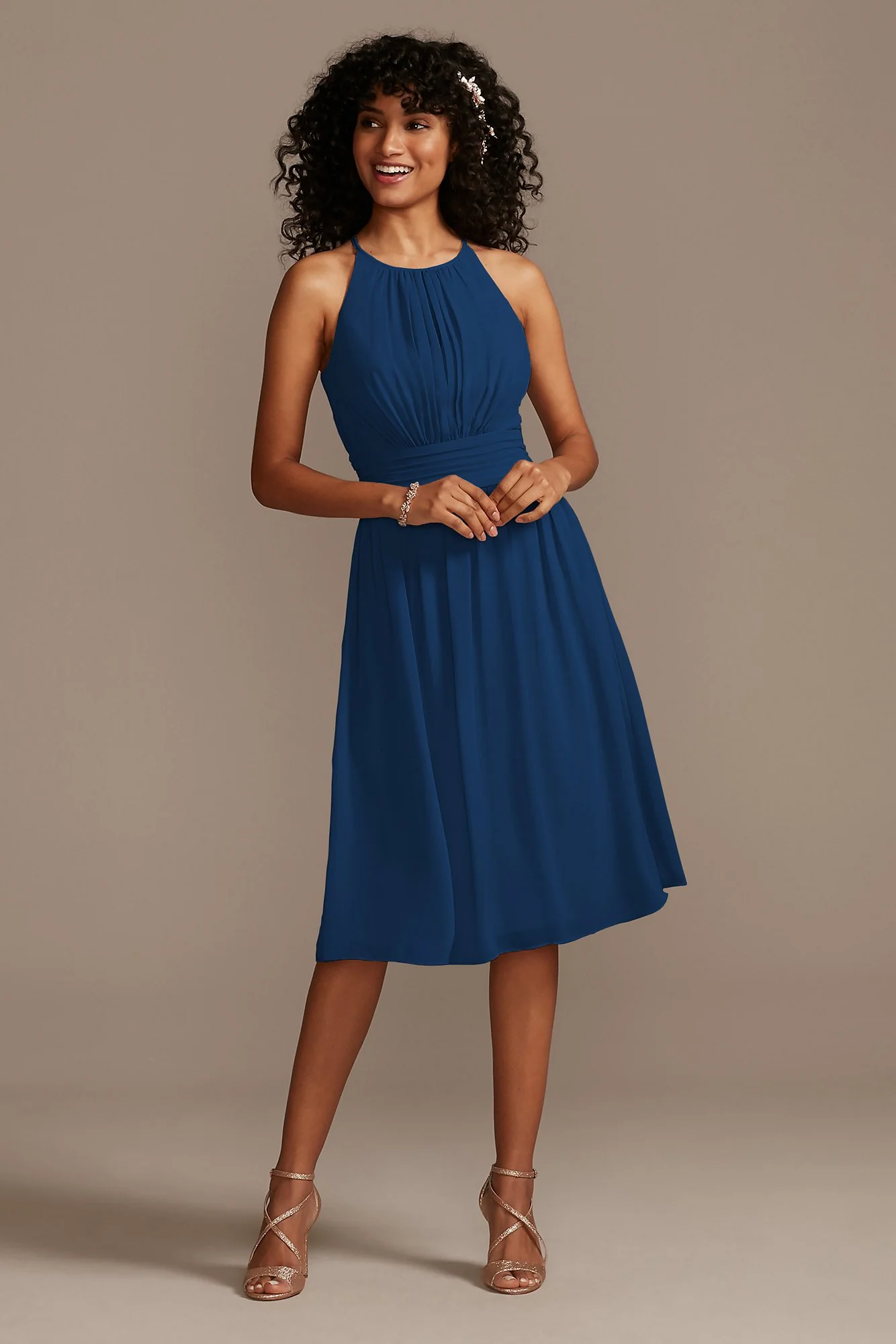 High Neck Pleated Short Length Bridesmaid Dress - Image 41