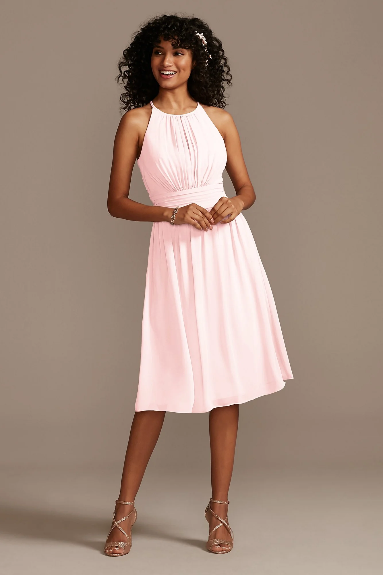 High Neck Pleated Short Length Bridesmaid Dress - Image 45