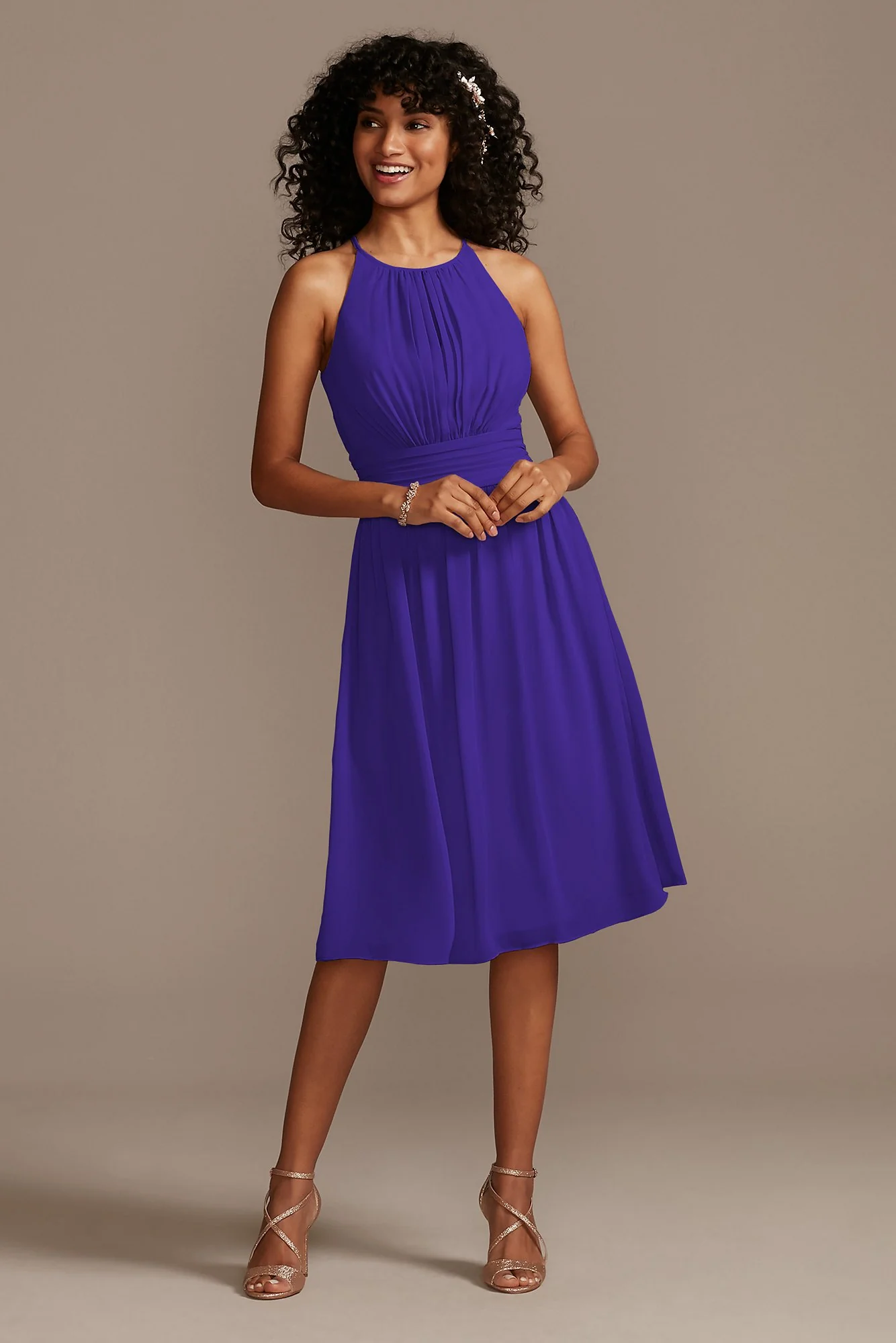 High Neck Pleated Short Length Bridesmaid Dress - Image 7