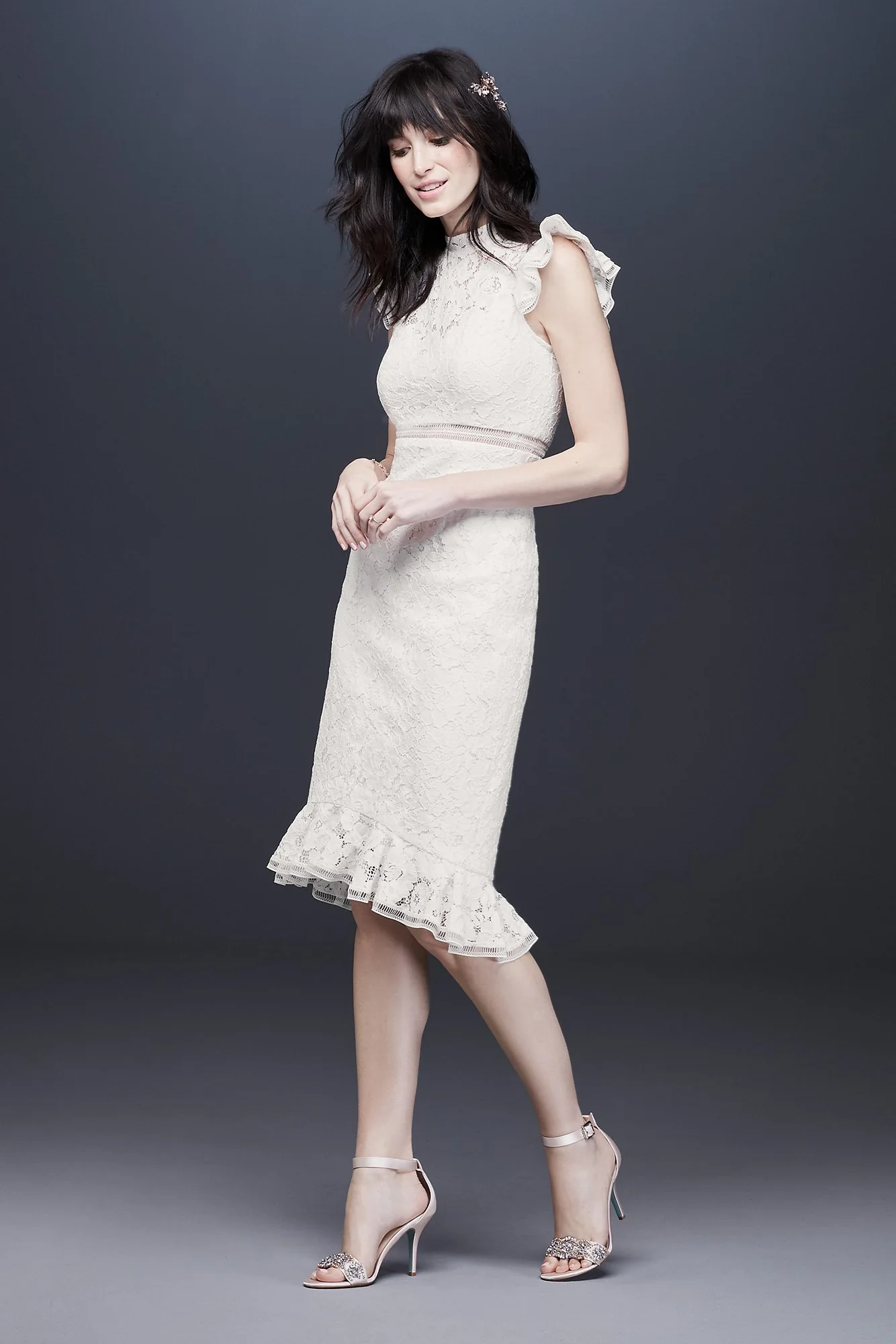 High Neck Ruffle Hem Lace Dress with Cap Sleeves - Image 2