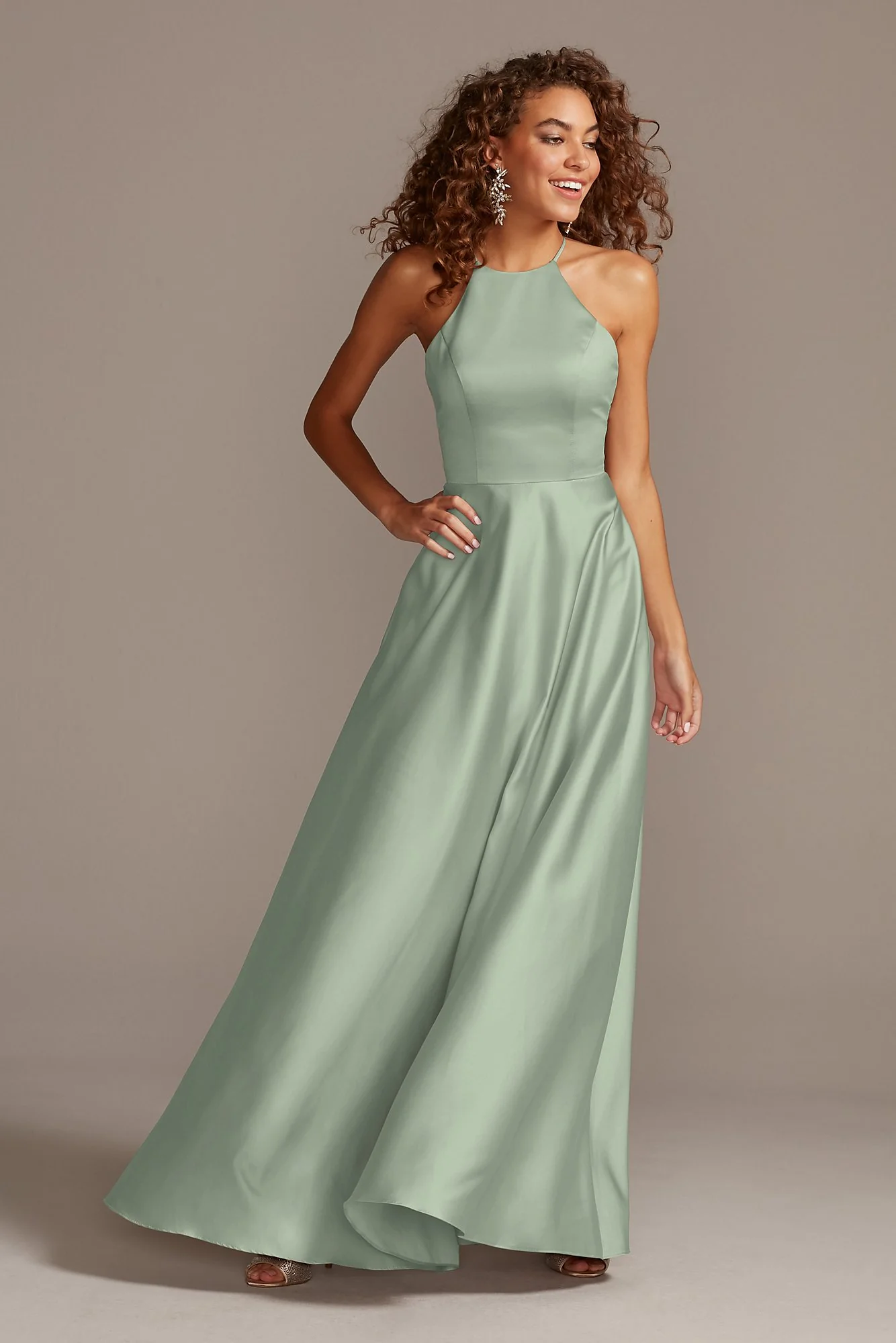 High-Neck Satin A-Line Dress - Image 9