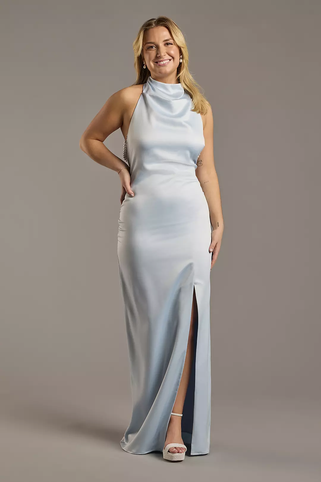 High-Neck Satin Sheath Dress with Pearl Bar Back - Image 2