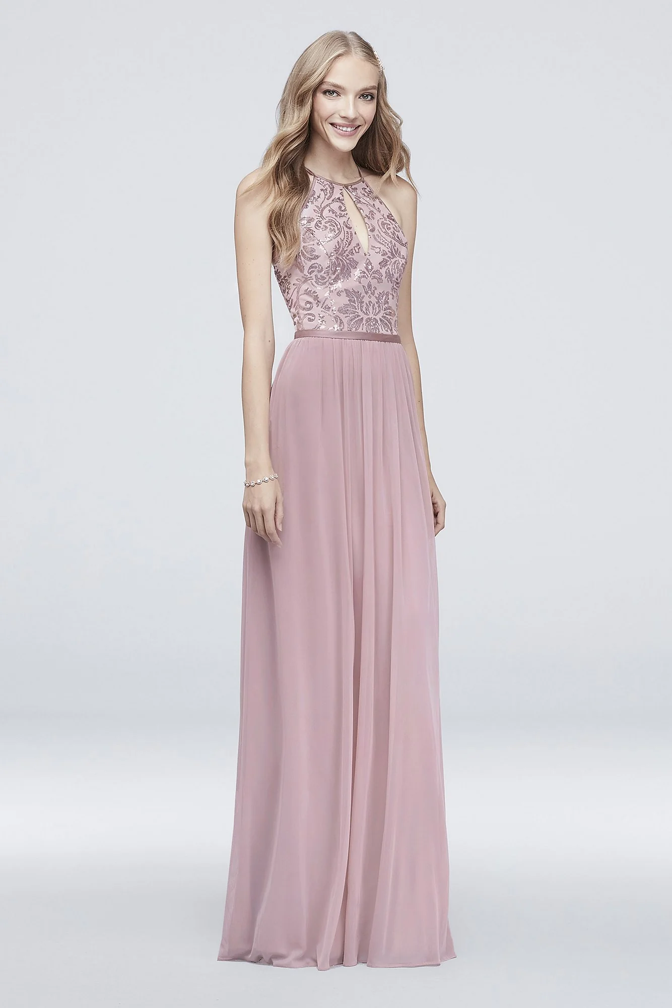 High-Neck Sequin and Mesh Gown with Keyhole - Image 4