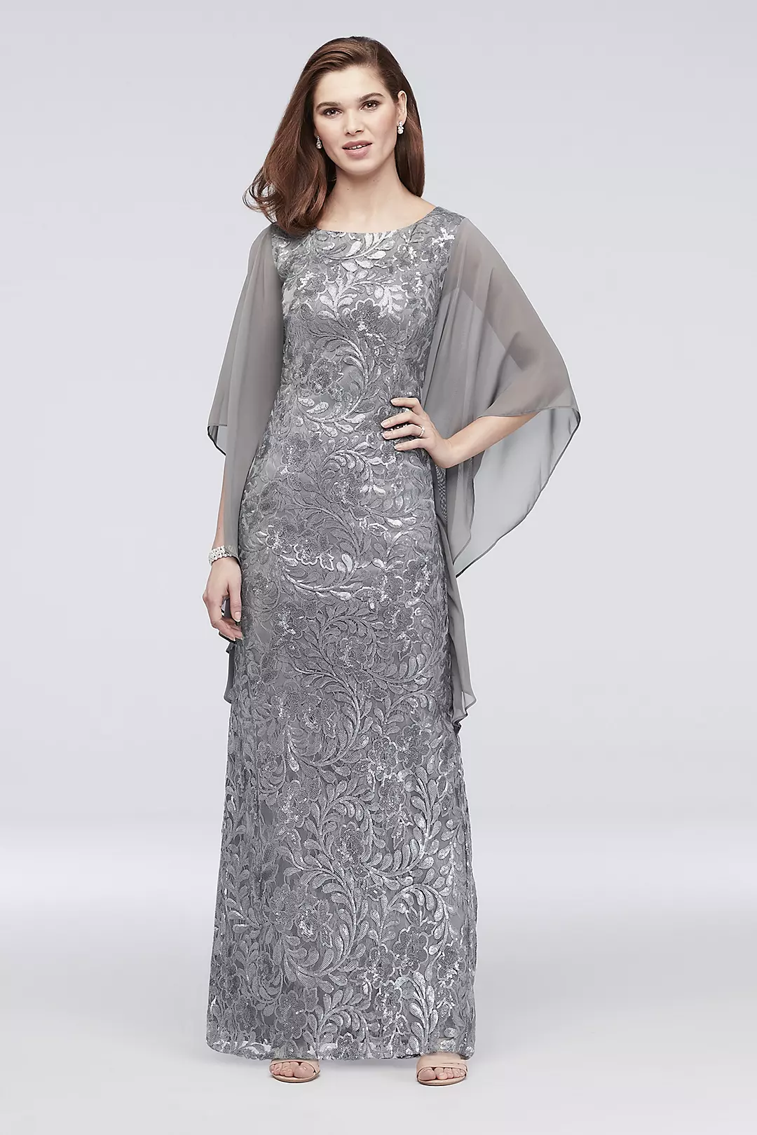 High-Neck Sequin Lace Dress with Cape Sleeves - Image 8