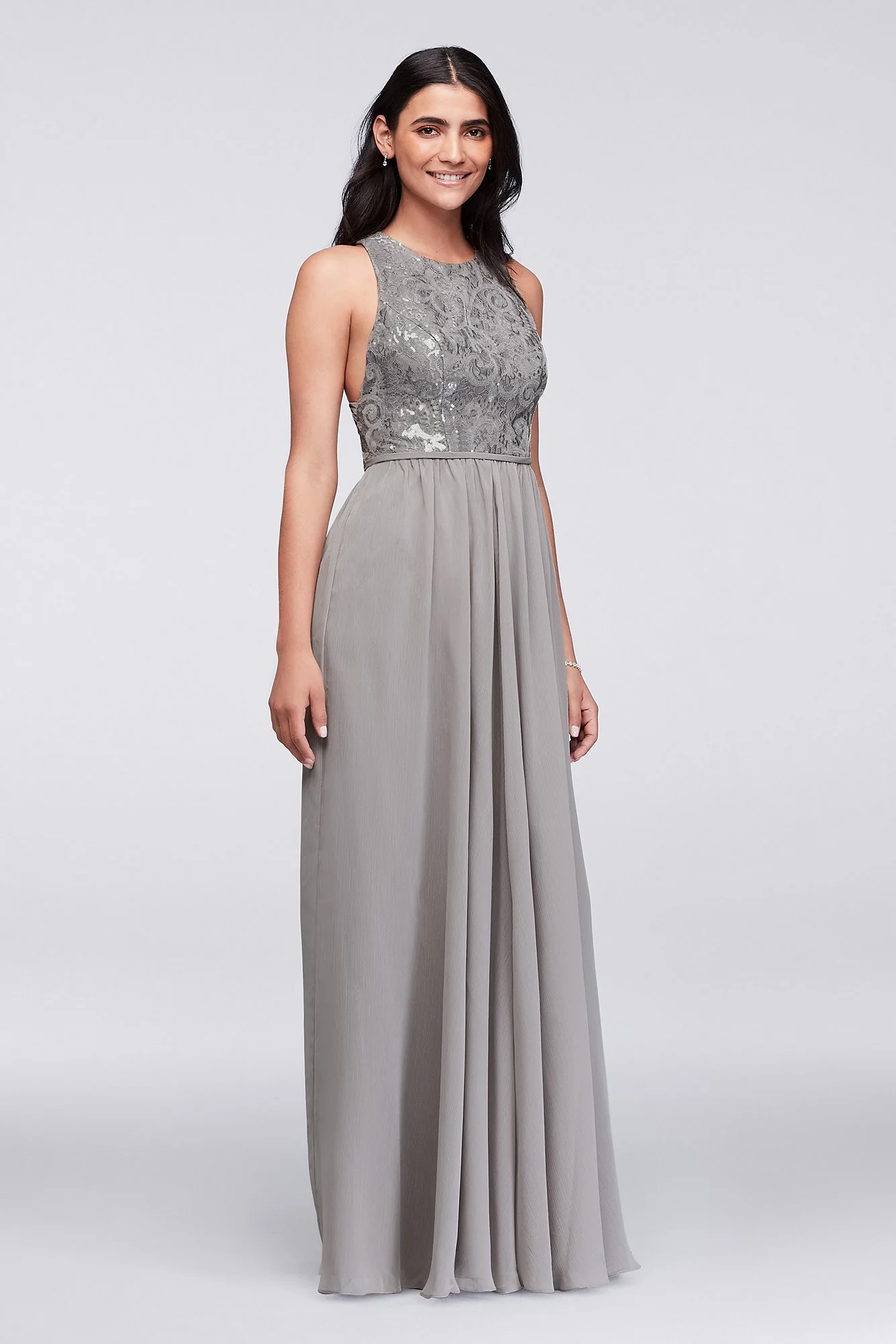 High Neck Sequined Lace and Chiffon Dress - Image 2