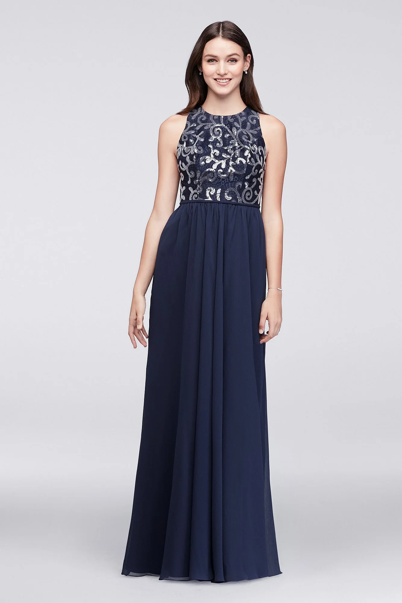 High Neck Sequined Lace and Chiffon Dress - Image 3