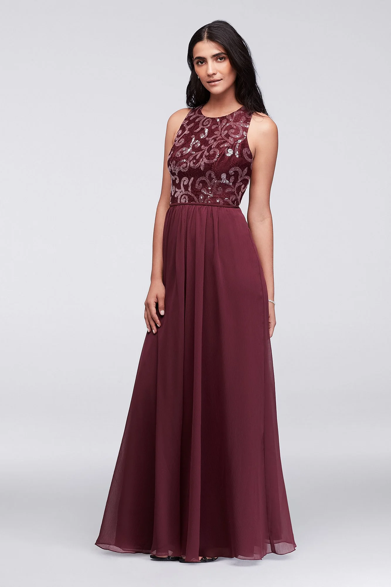 High Neck Sequined Lace and Chiffon Dress - Image 4