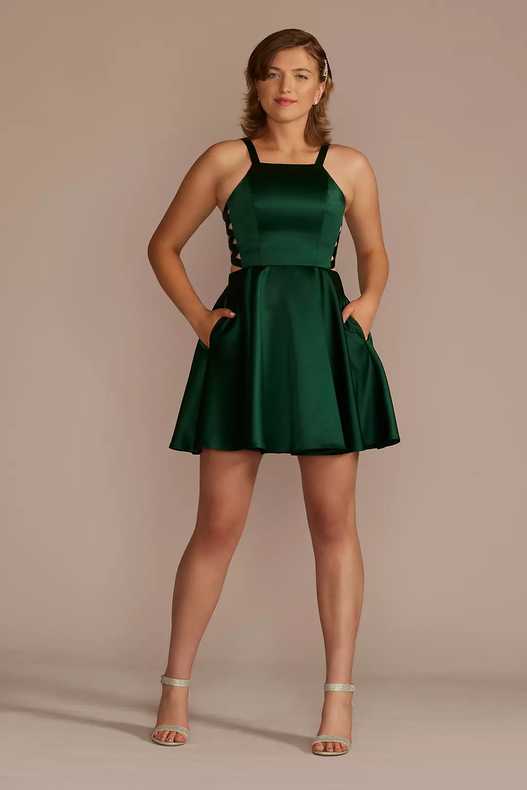High Neck Short Satin A-Line Dress with Cutouts - Image 9