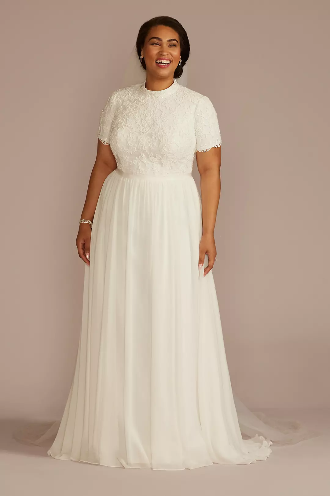 High Neck Short Sleeve Lace Modest Wedding Dress - Image 4