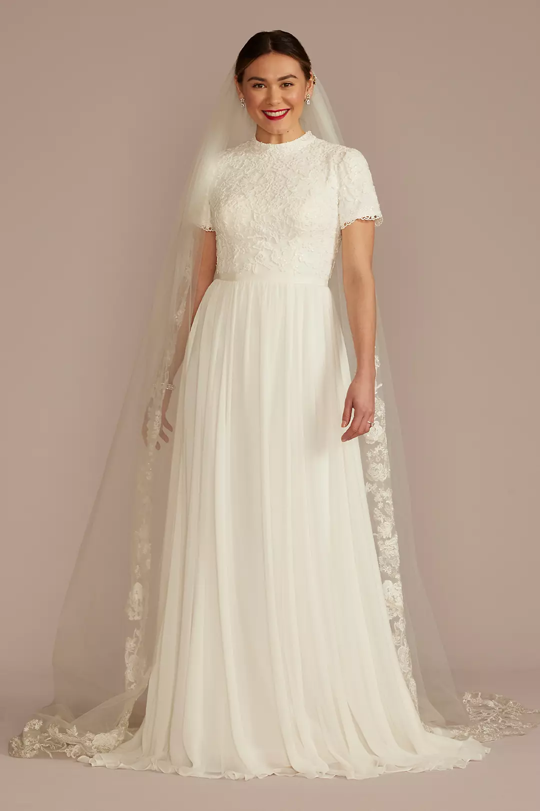 High Neck Short Sleeve Lace Modest Wedding Dress - Image 9