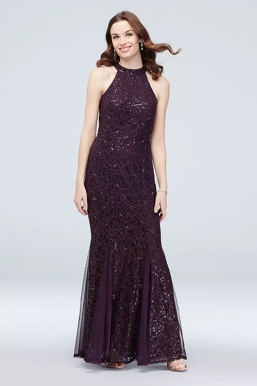 High-Neck Tie Sequin Lace Mermaid Gown with Godets - Image 3
