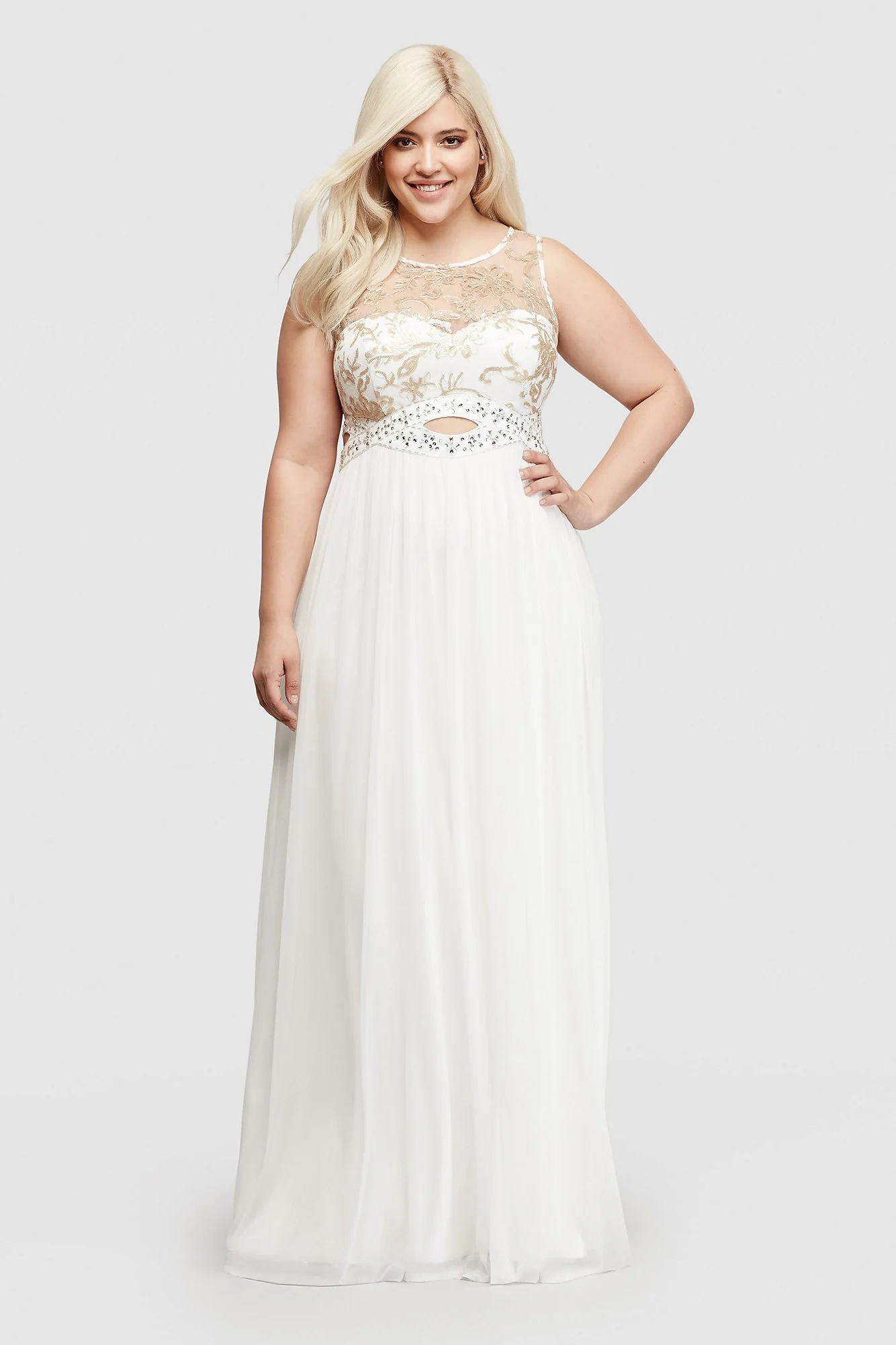 Illusion Bodice Dress with Beaded Waist Cutouts - Image 2