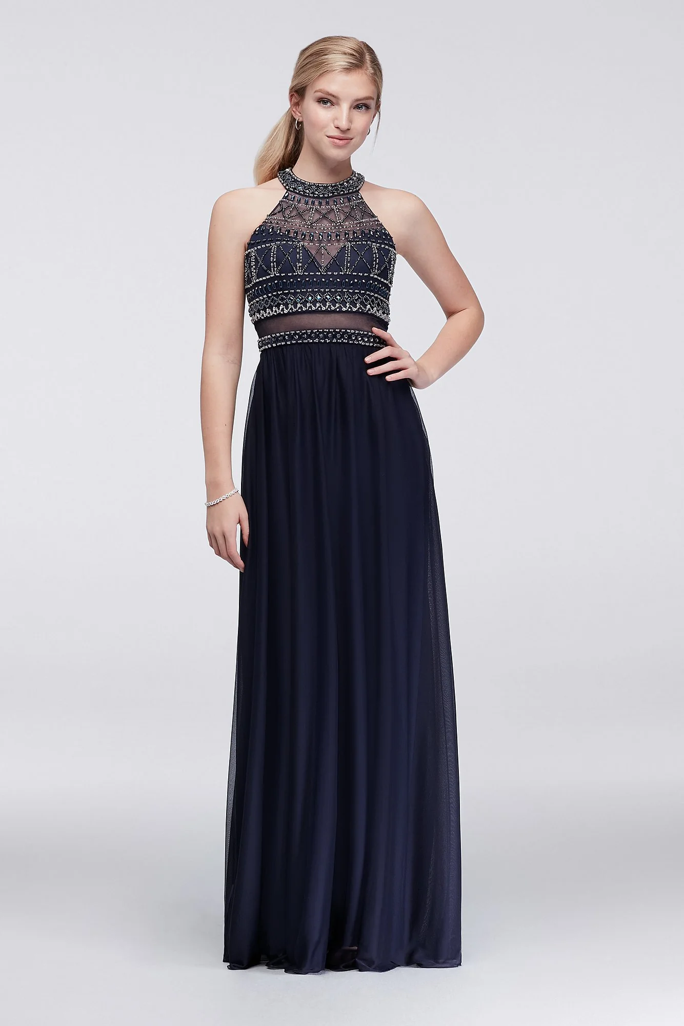 Illusion Bodice Dress with Geometric Beading