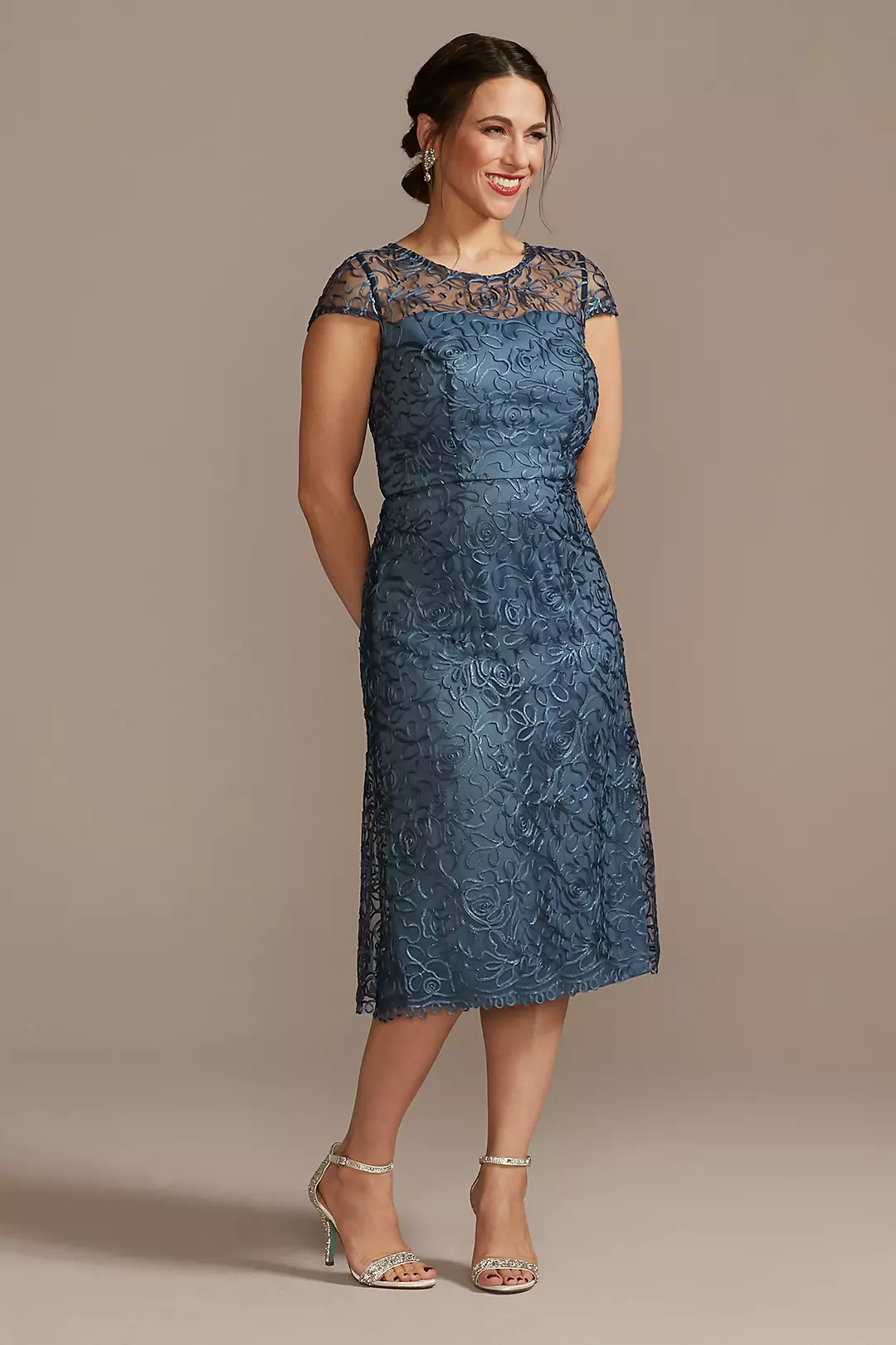Illusion Cap-Sleeve Long Soutache Sheath Dress - Image 2