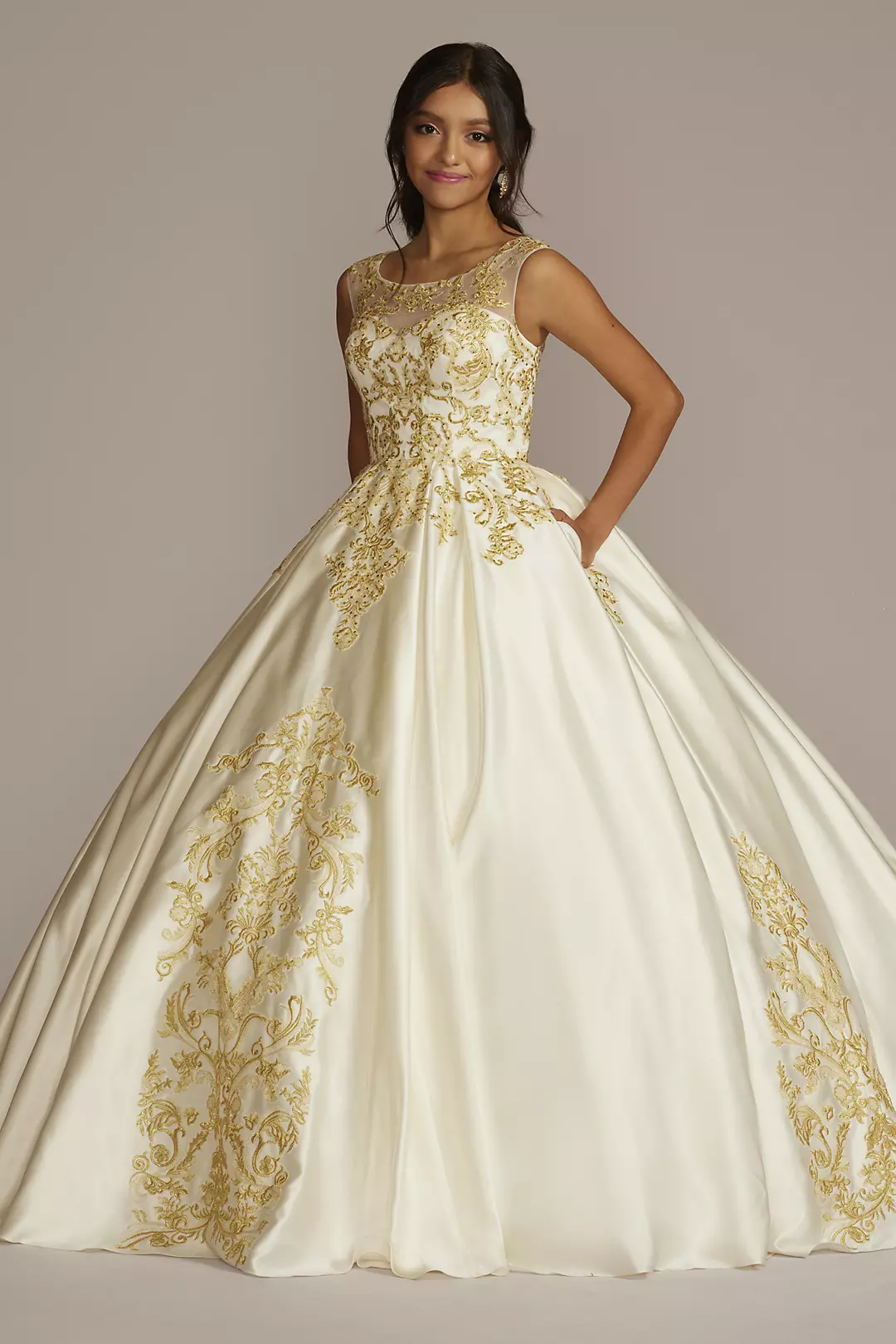 Illusion Cap Sleeve Pleated Quince Ball Gown - Image 2