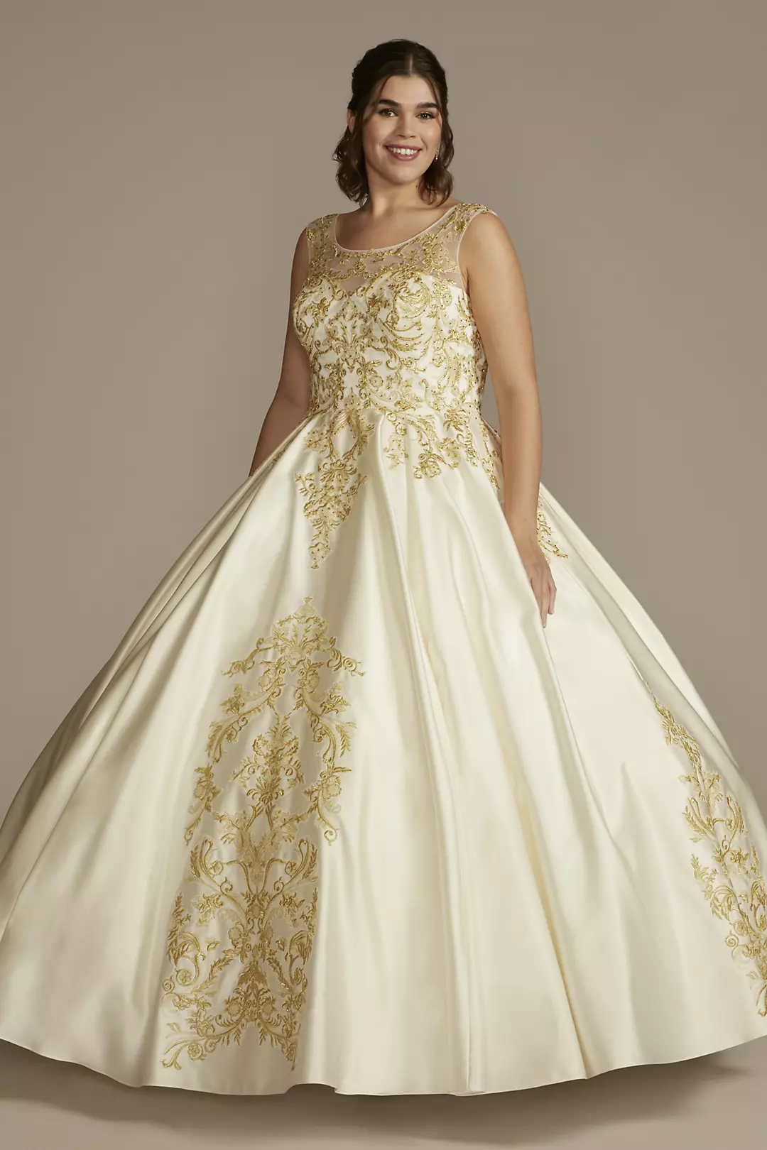 Illusion Cap Sleeve Pleated Quince Ball Gown - Image 3