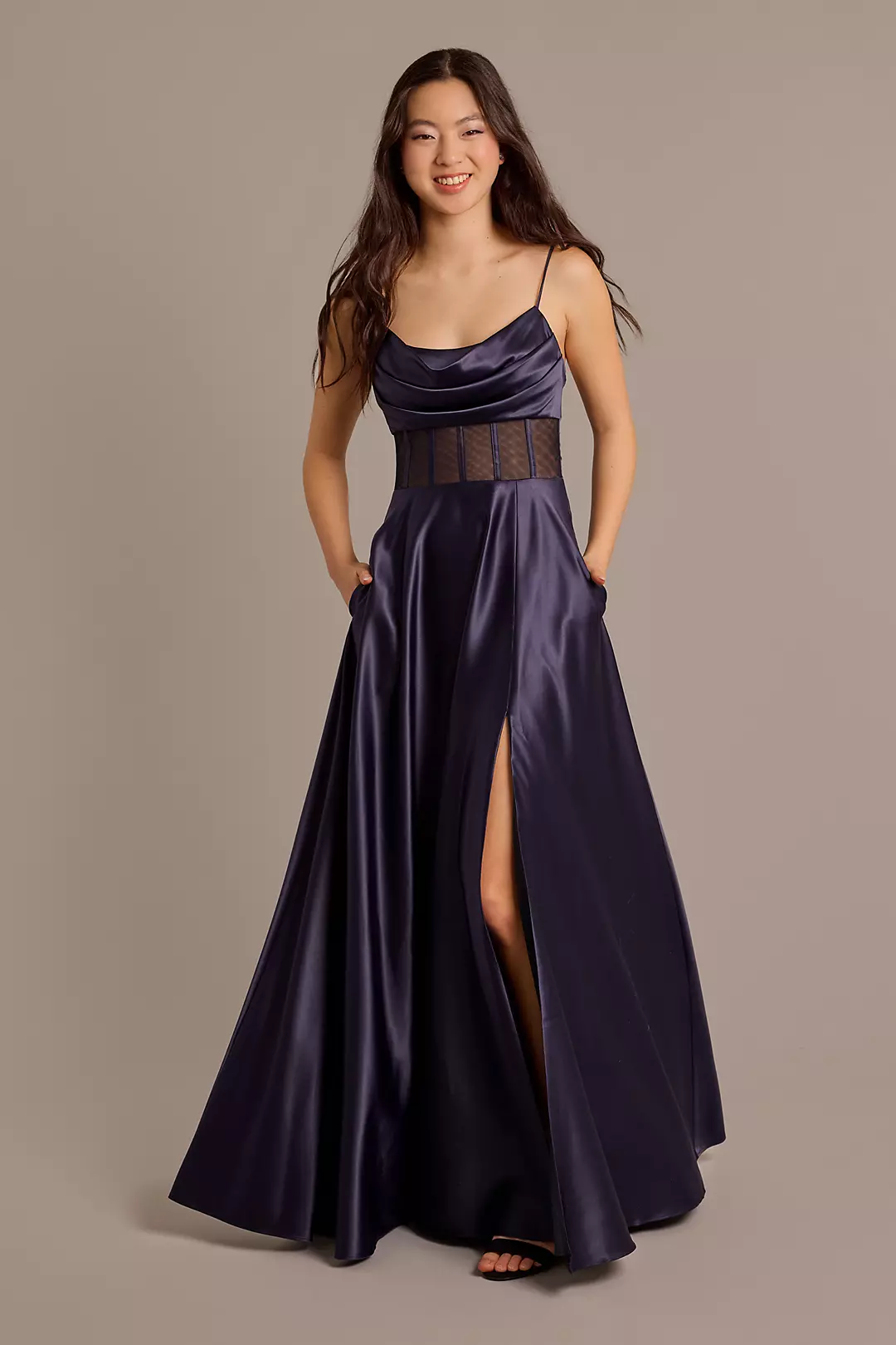 Illusion Corset Bodice Cowl Neck A-Line Dress - Image 7