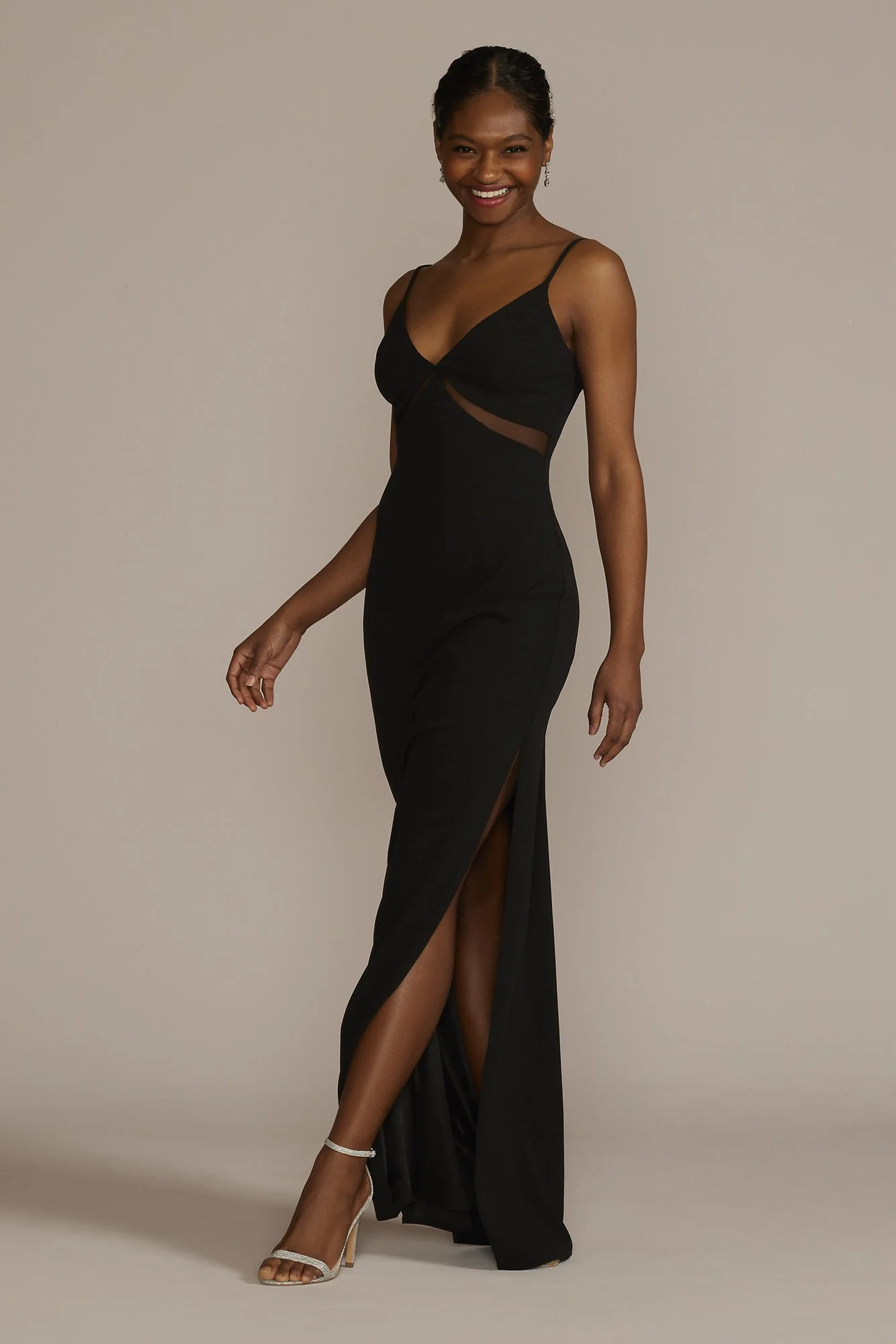 Illusion Cutout Stretch Crepe Sheath with Slit