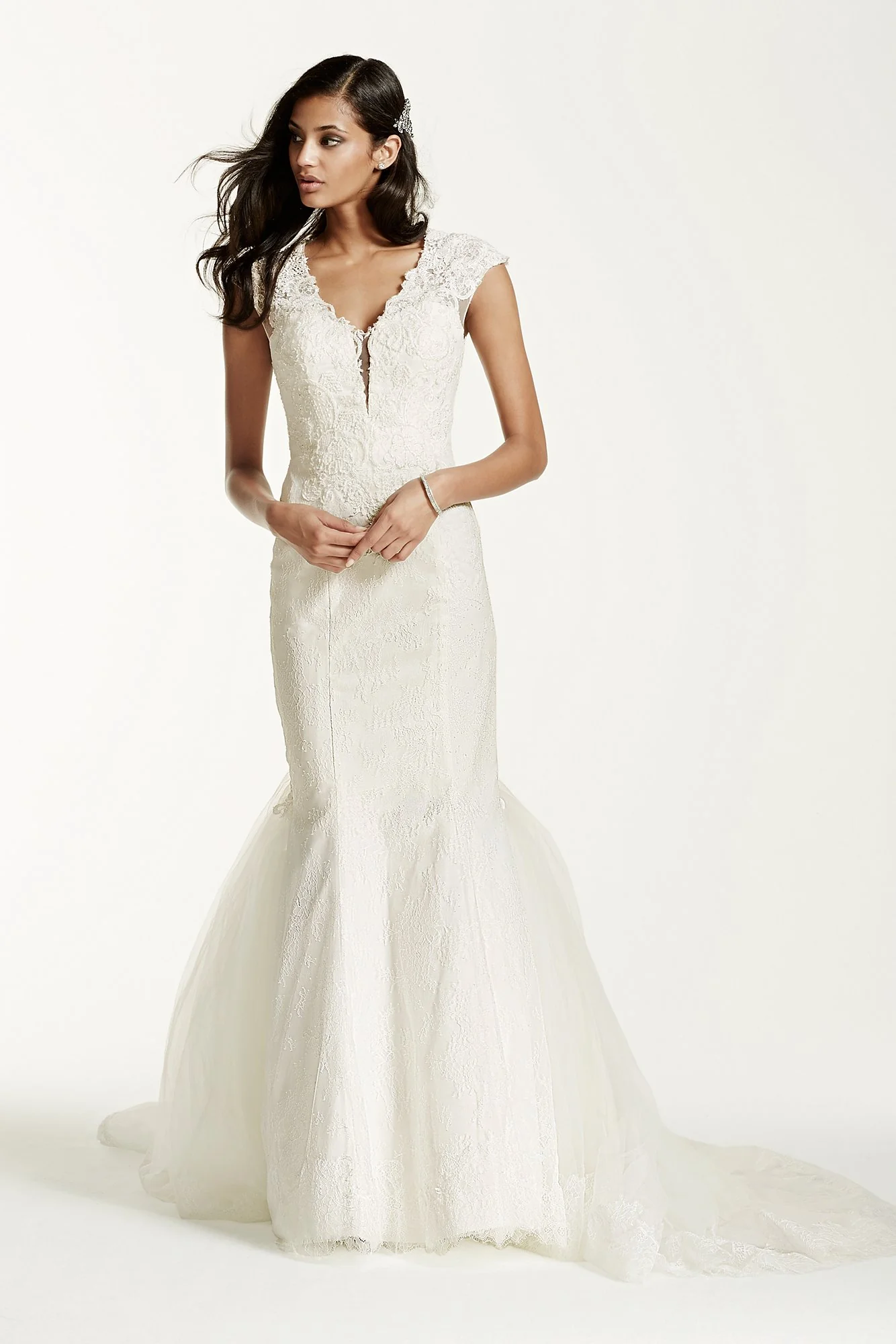 Petite Illusion Deep Plunge Lace Trumpet Gown - Image 7