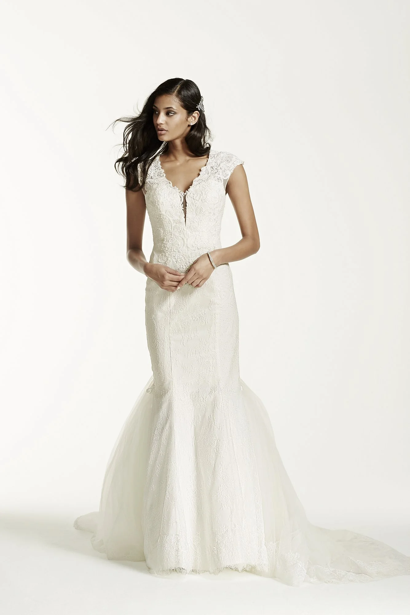 Illusion Deep Plunge Neckline Lace Trumpet Gown