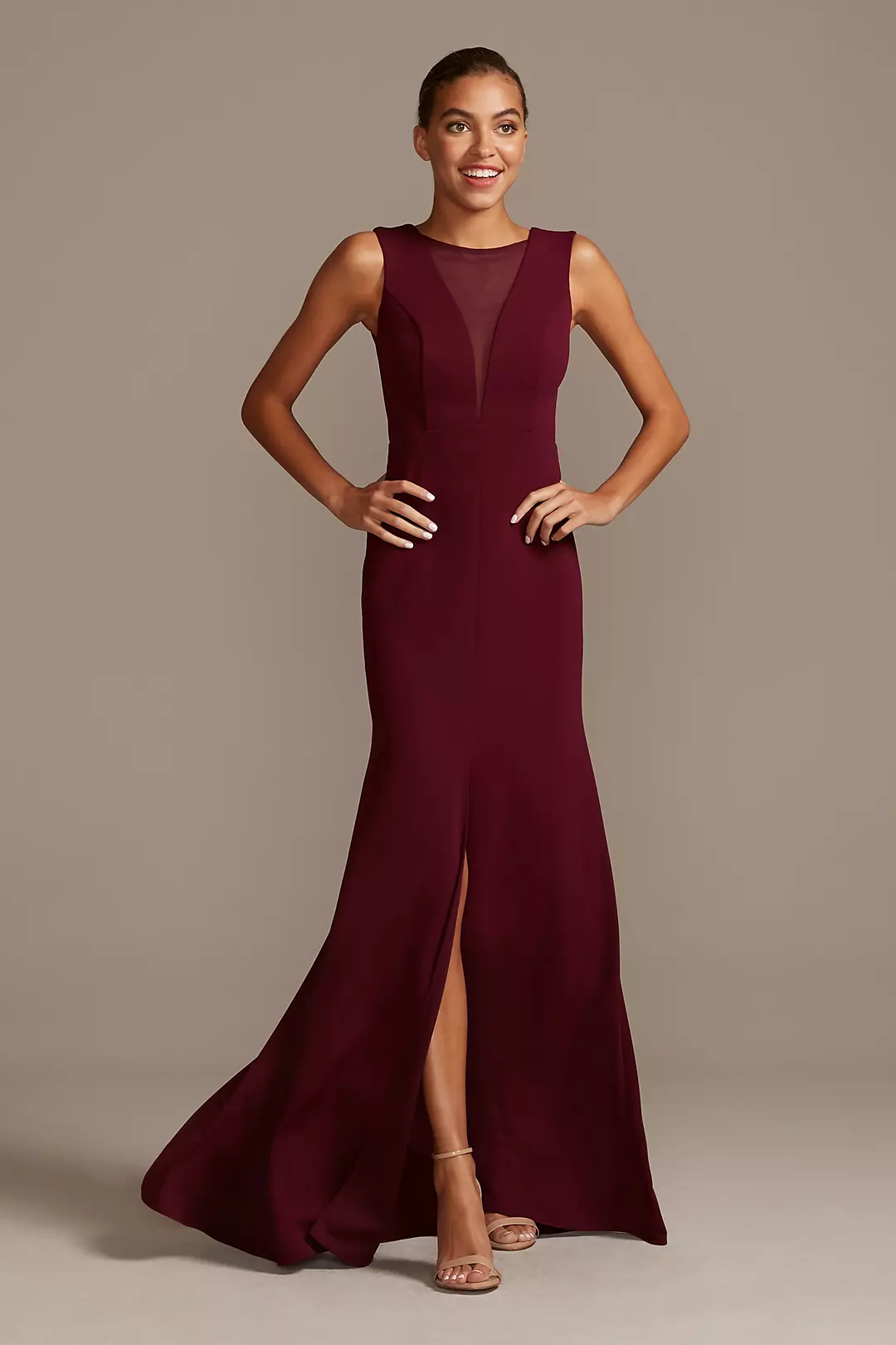 Illusion Deep-V Center Slit Stretch Crepe Dress - Image 4