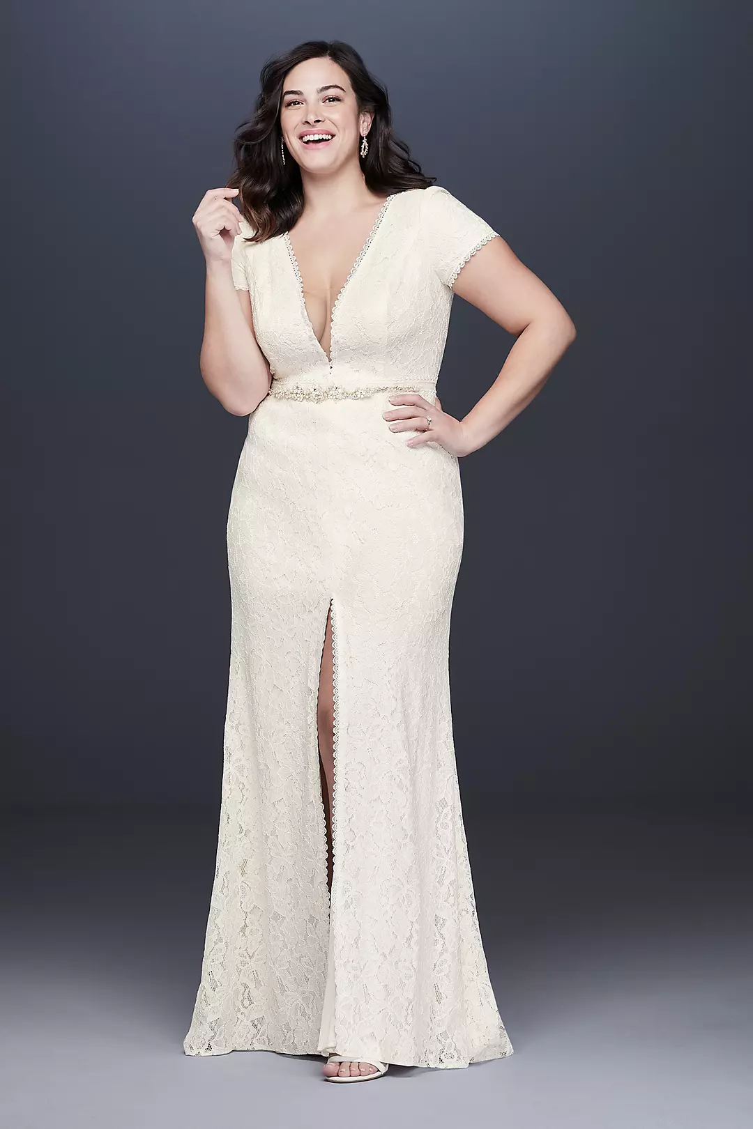 Illusion Deep V-Neck Cap Sleeve Lace Wedding Dress - Image 4