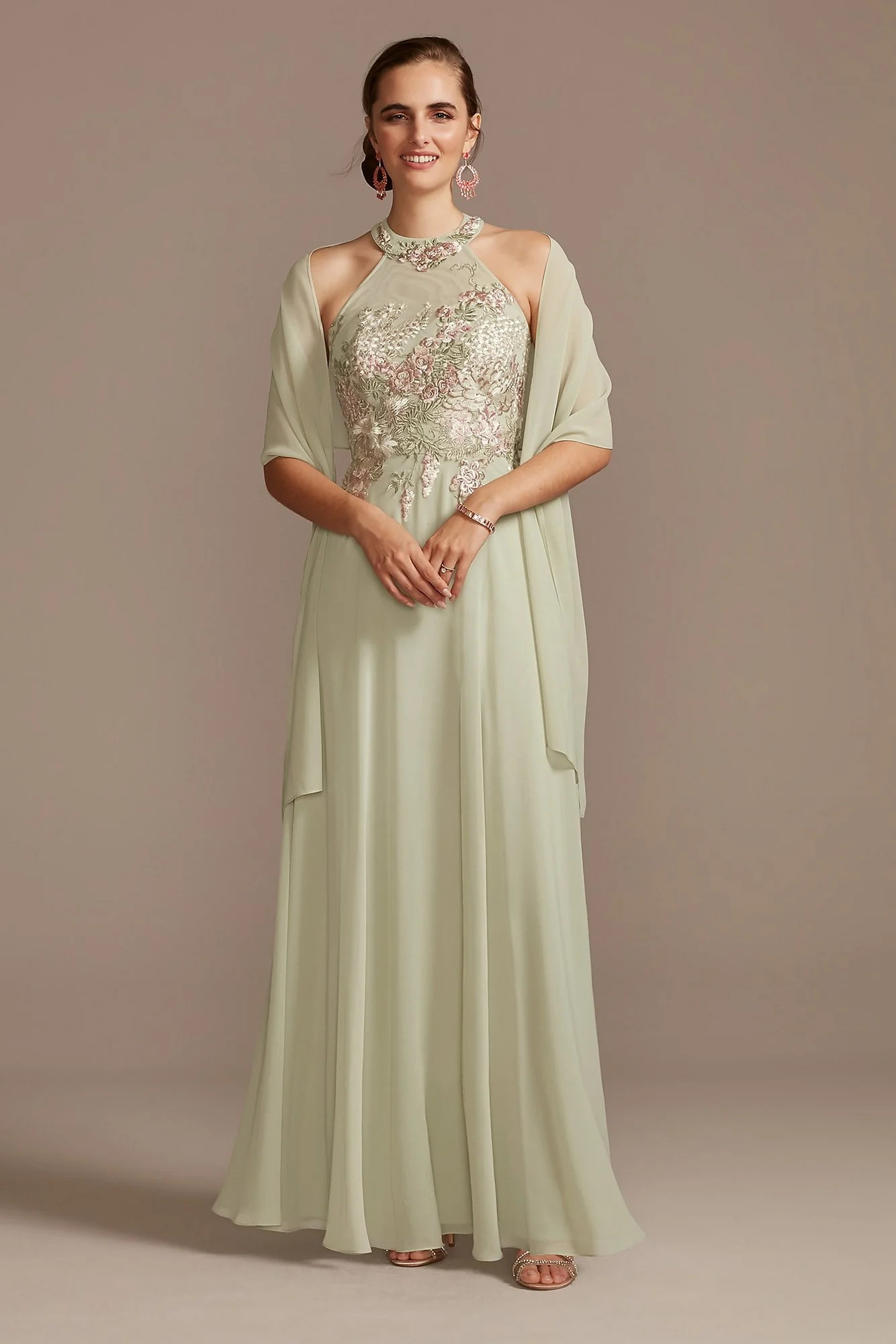 Illusion High Neck Floral Embroidered Chiffon Gown