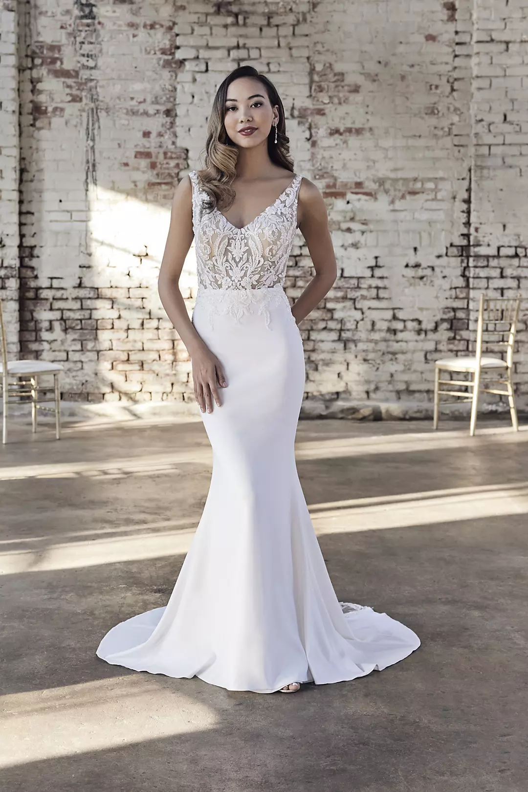 Illusion Lace Bodice Crepe Tank Wedding Dress - Image 16
