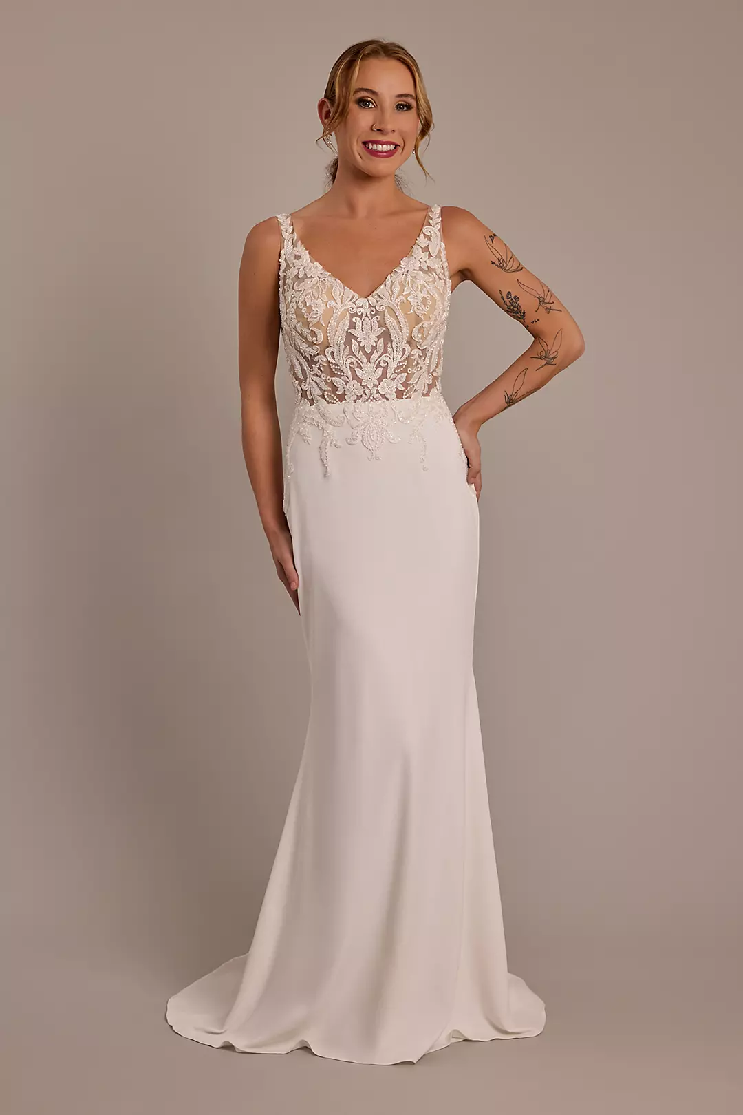 Illusion Lace Bodice Crepe Tank Wedding Dress - Image 8