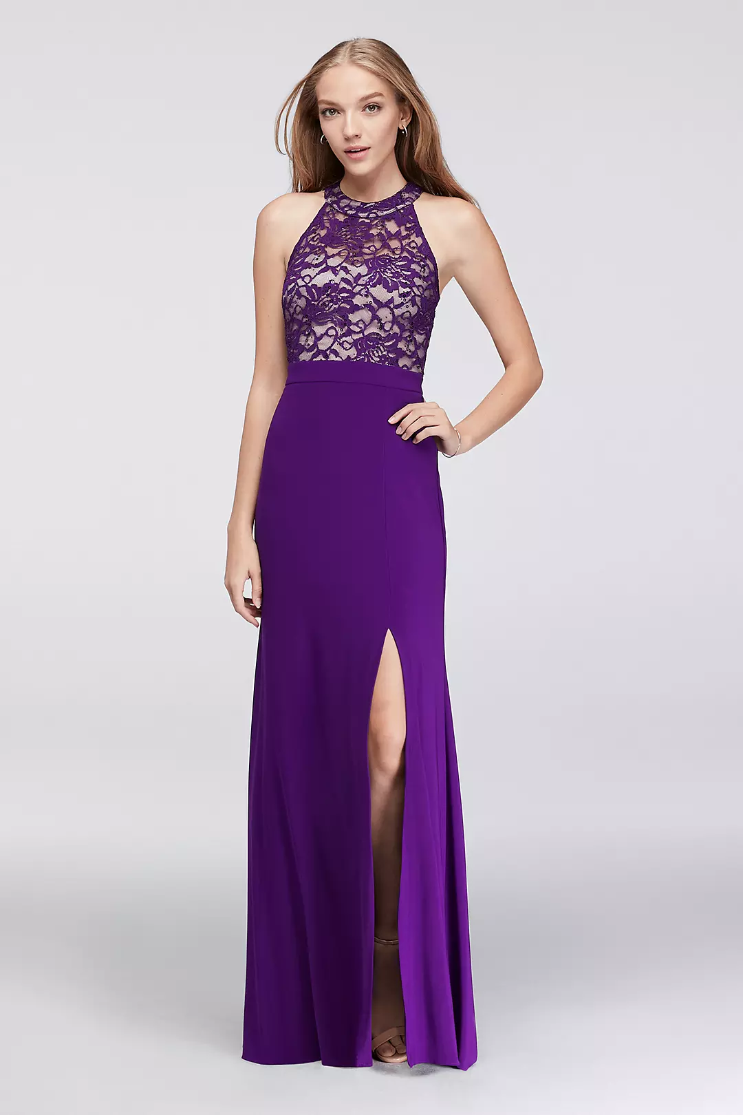 Illusion Lace High-Neck Dress with Jersey Skirt - Image 2