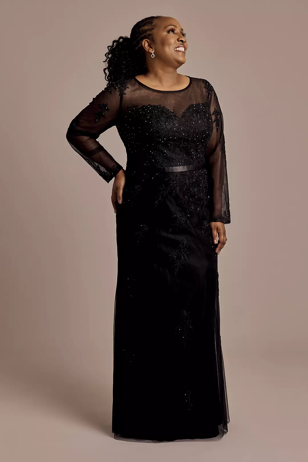 Illusion Long Sleeve Applique Fit and Flare Dress - Image 3