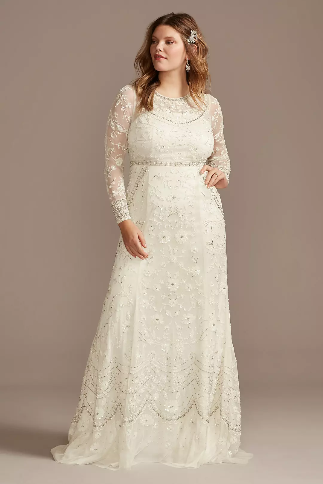 Illusion Long Sleeve Beaded Overlay Wedding Dress