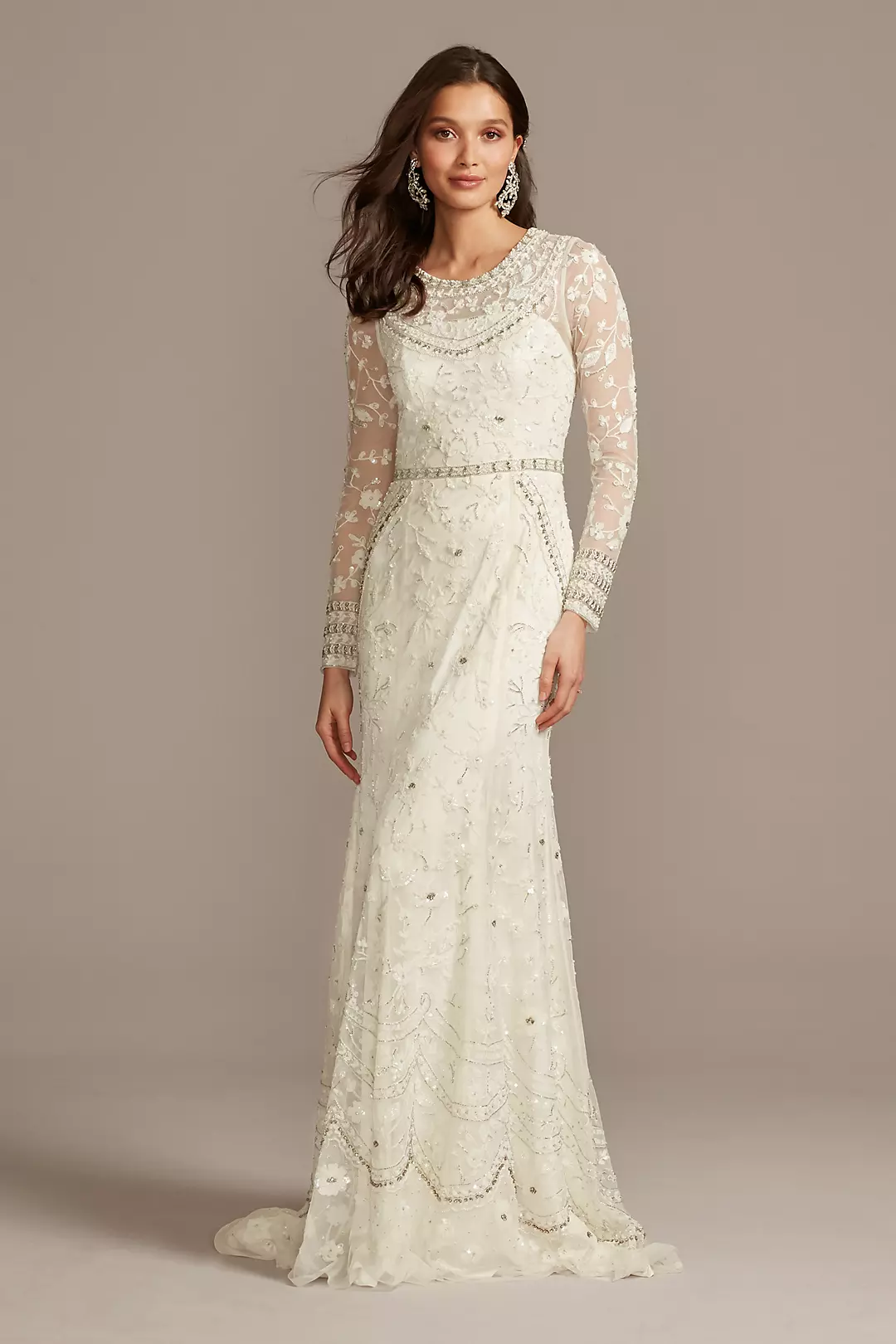 Illusion Long Sleeve Beaded Overlay Wedding Dress - Image 3